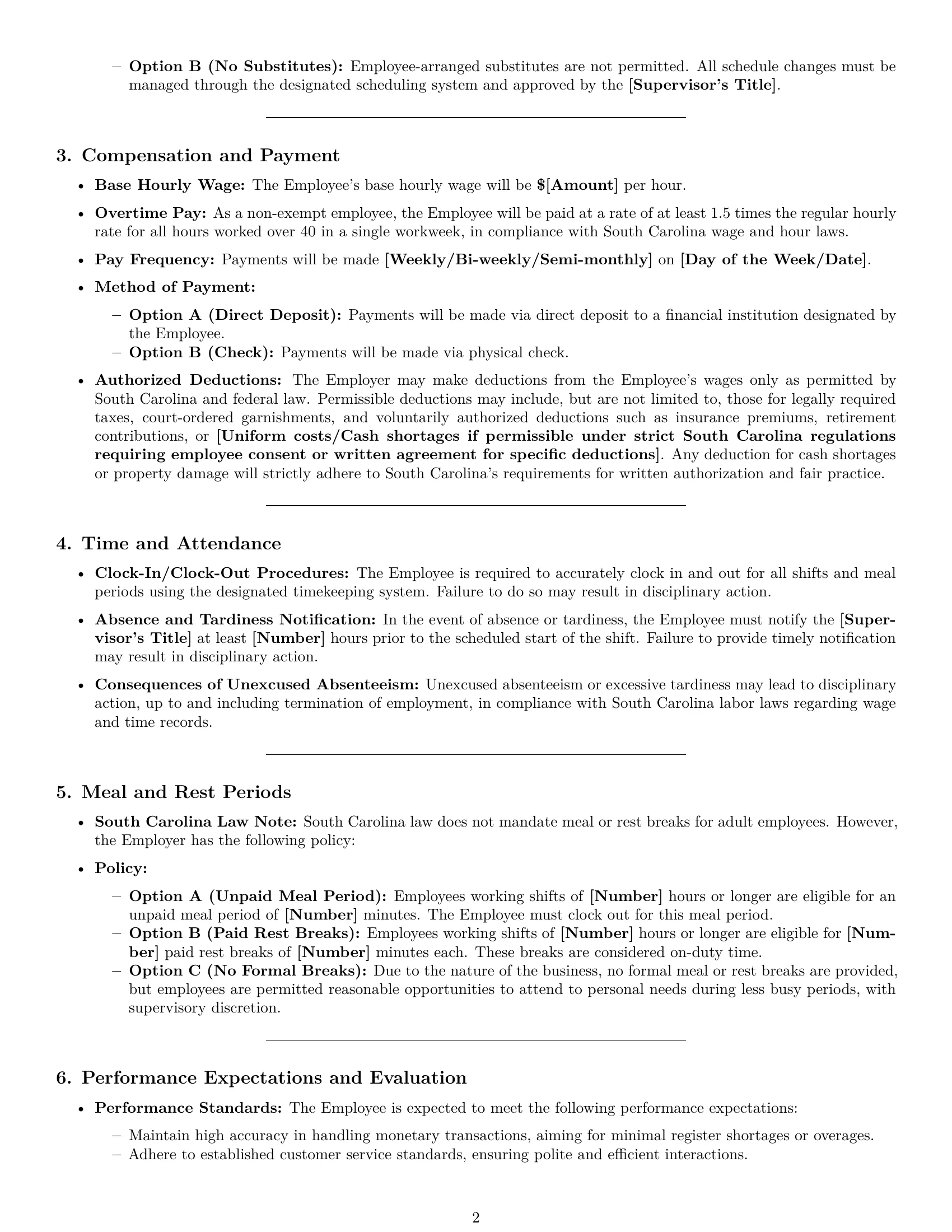 Preview page 2 of Pro South Carolina cashier employment contract template