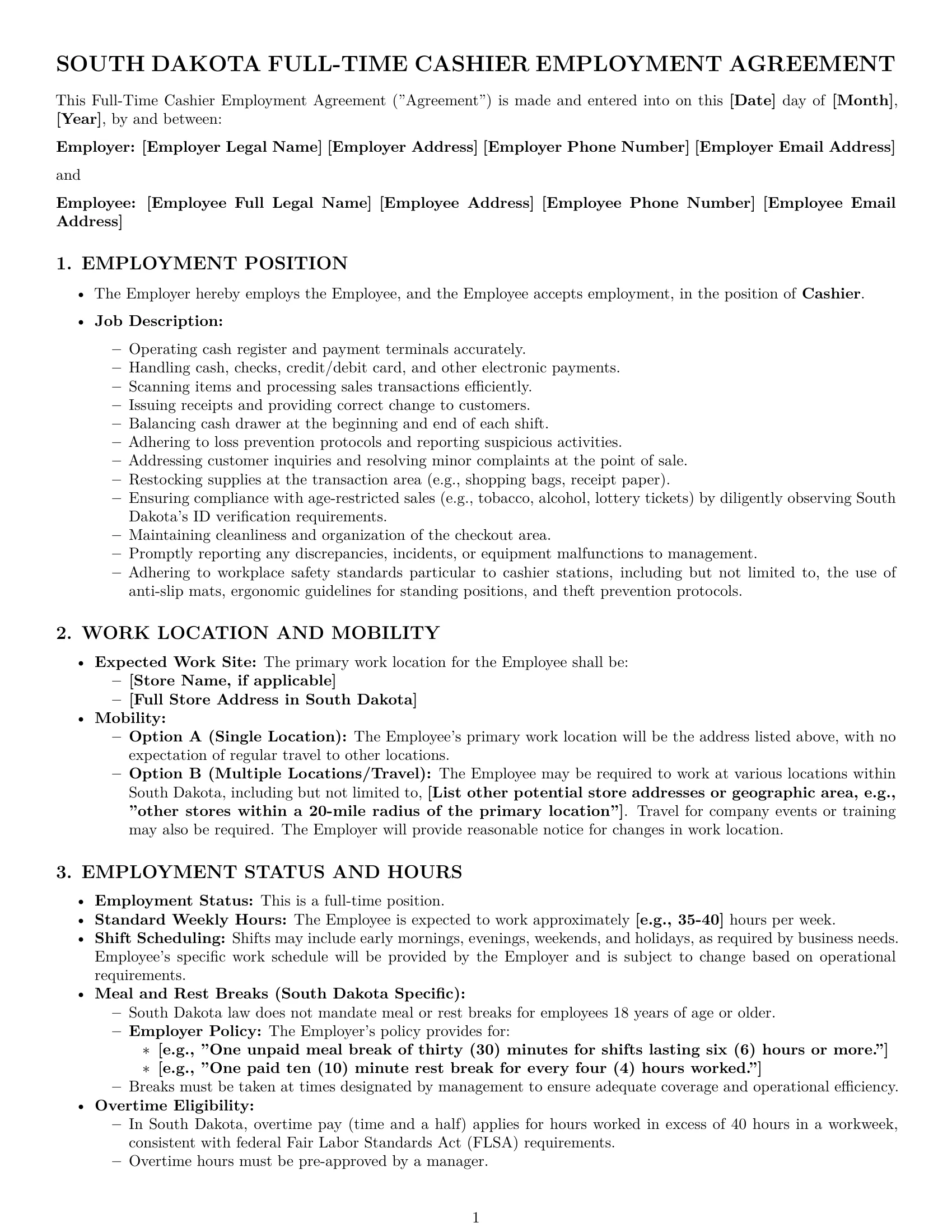 Preview page 1 of Pro South Dakota cashier employment contract template