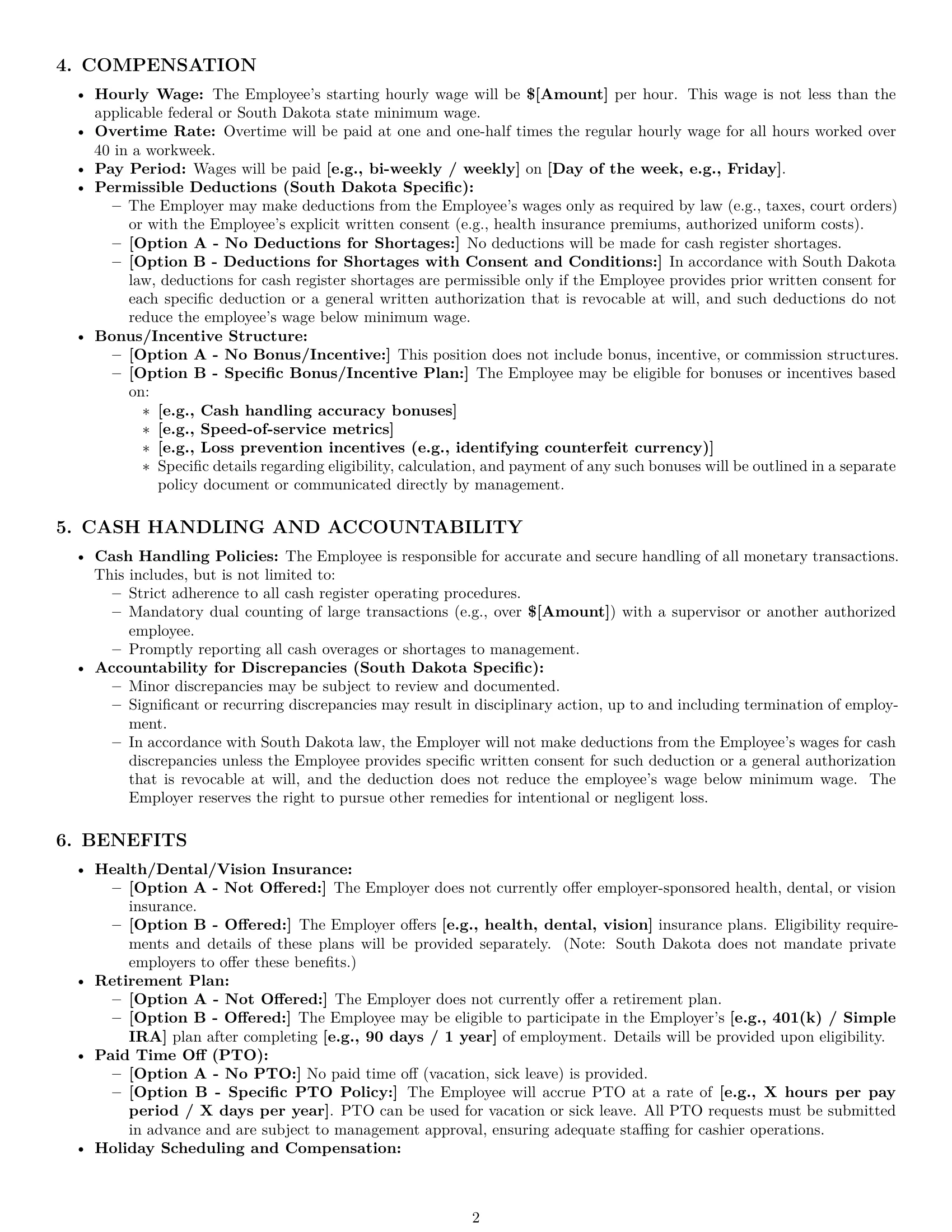 Preview page 2 of Pro South Dakota cashier employment contract template