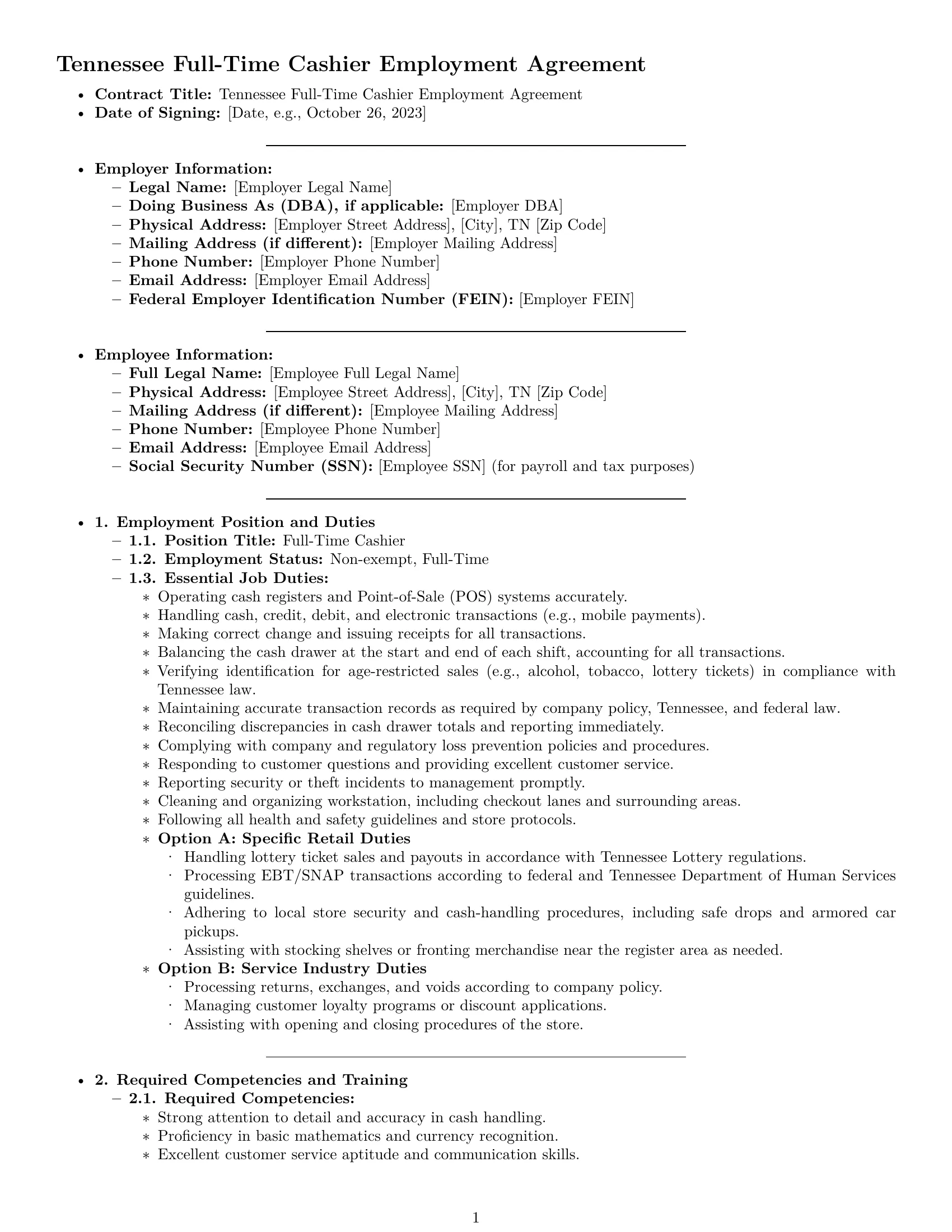Preview page 1 of Pro Tennessee cashier employment contract template