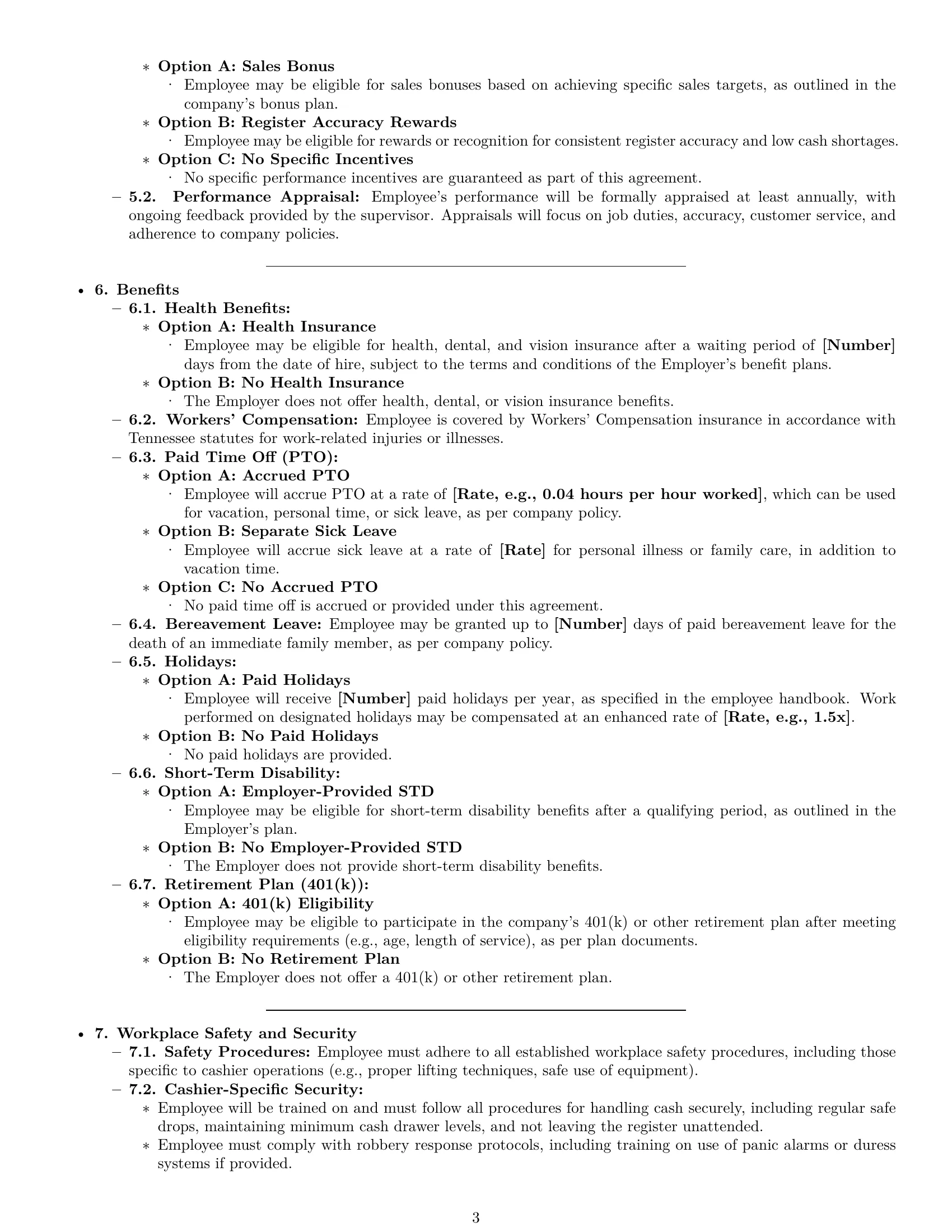 Preview page 3 of Pro Tennessee cashier employment contract template