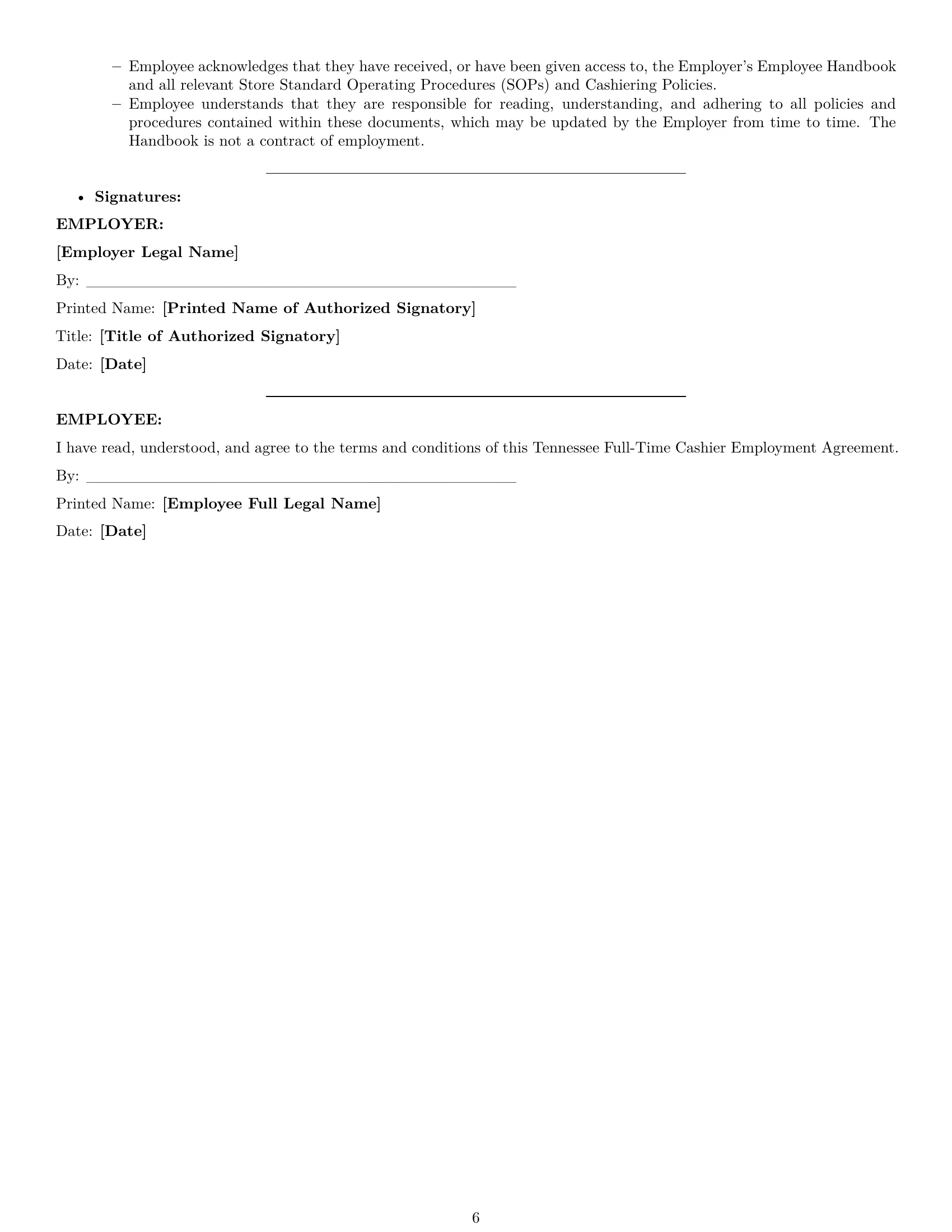Preview page 6 of Pro Tennessee cashier employment contract template