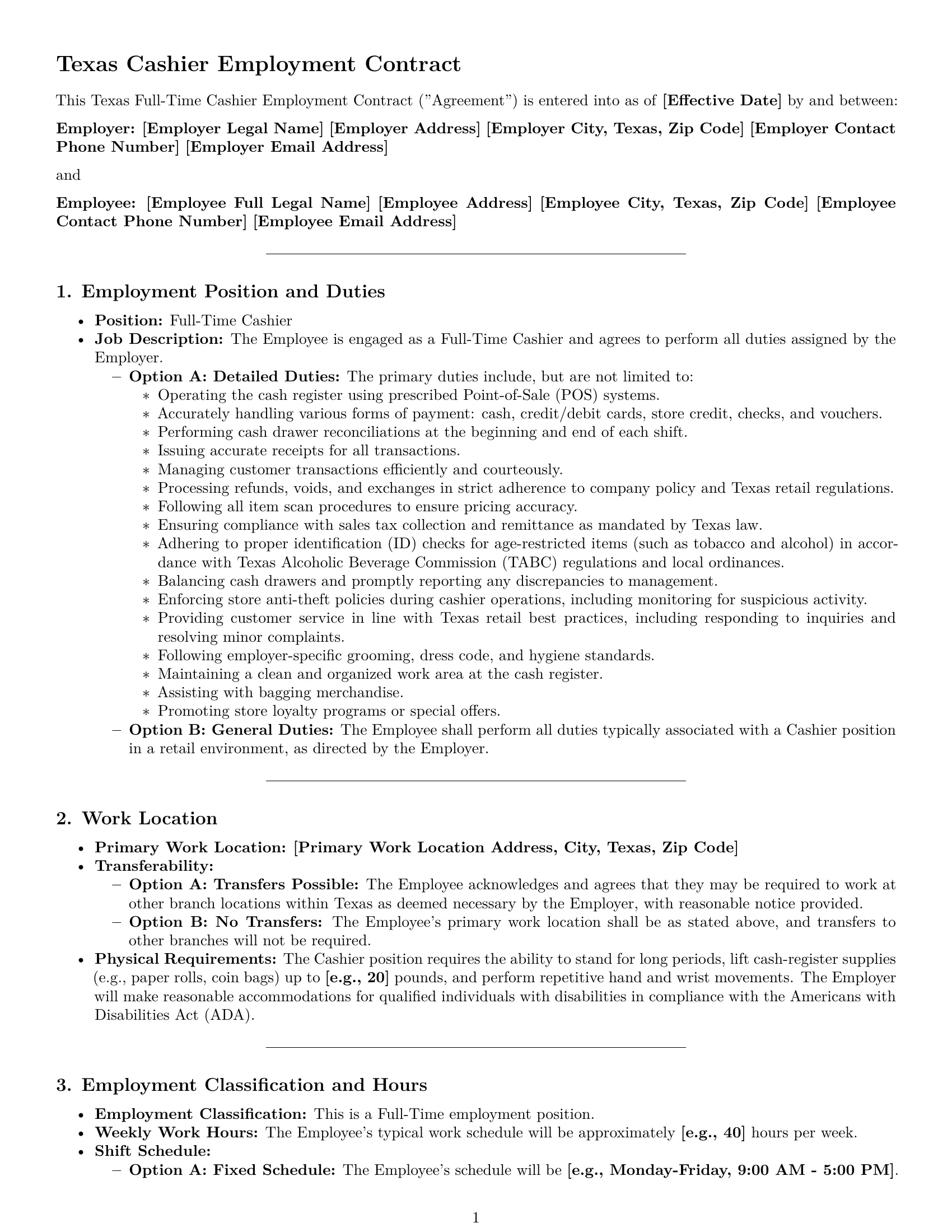 Preview page 1 of Pro Texas cashier employment contract template