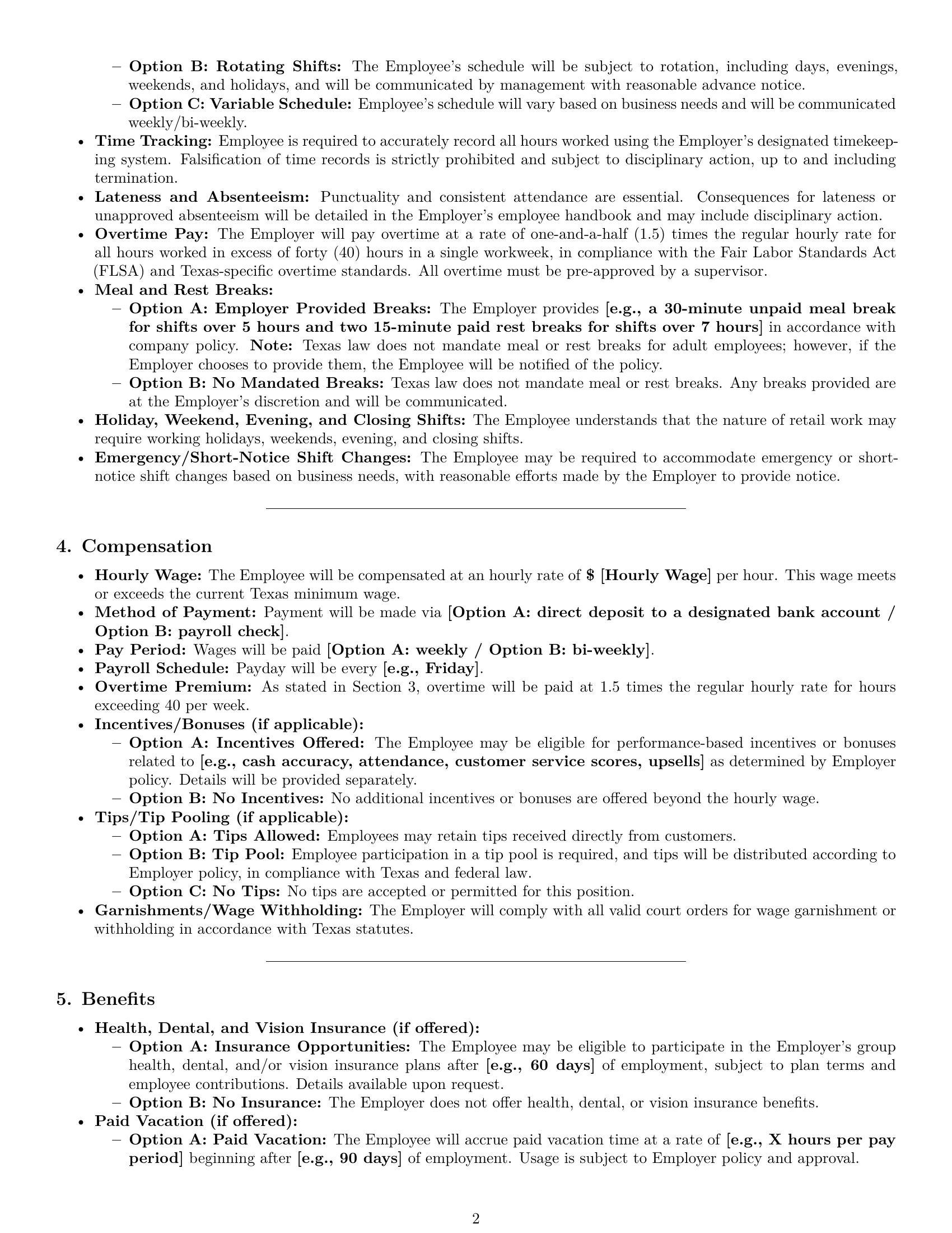 Preview page 2 of Pro Texas cashier employment contract template