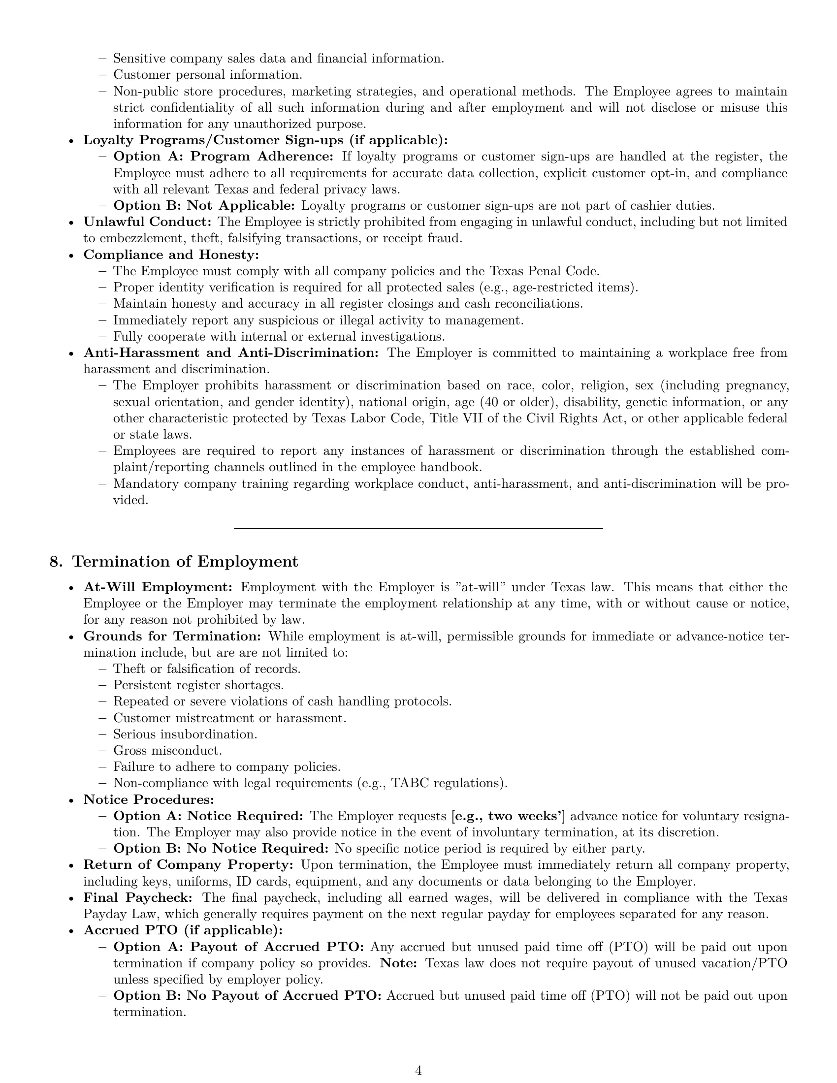Preview page 4 of Pro Texas cashier employment contract template