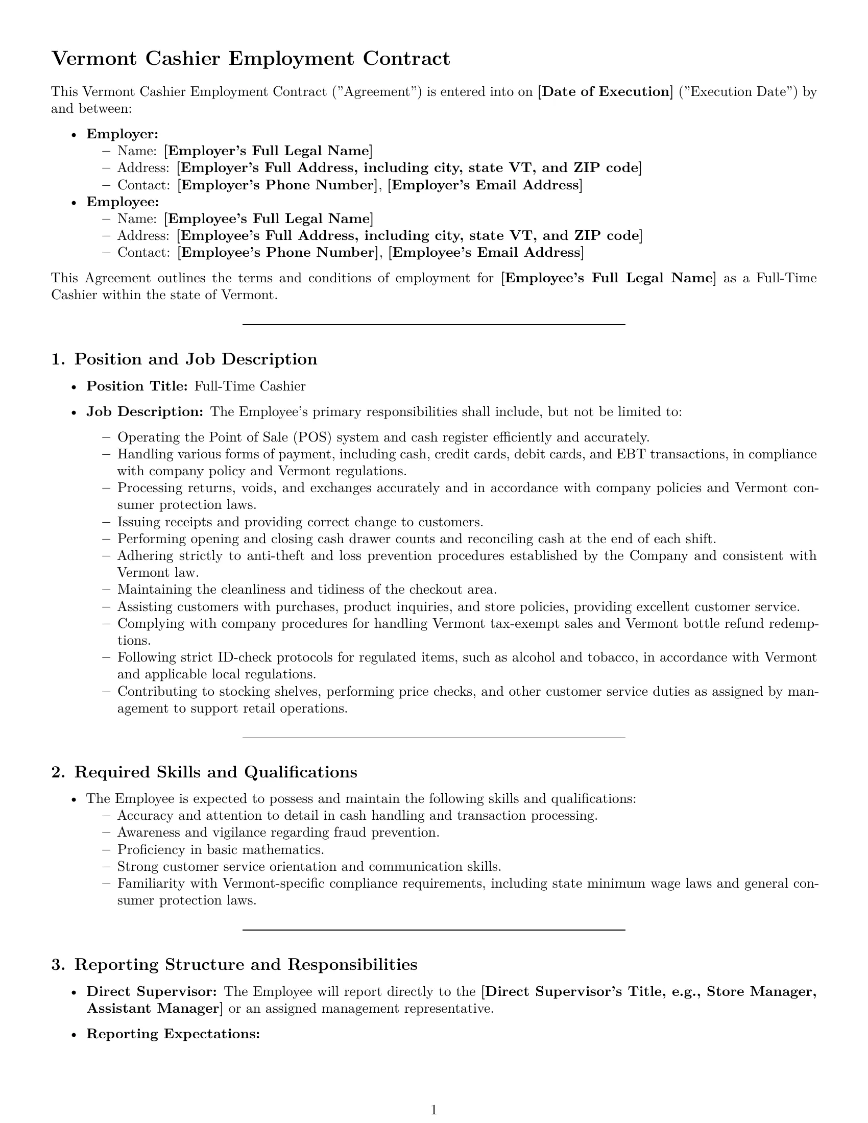 Preview page 1 of Pro Vermont cashier employment contract template