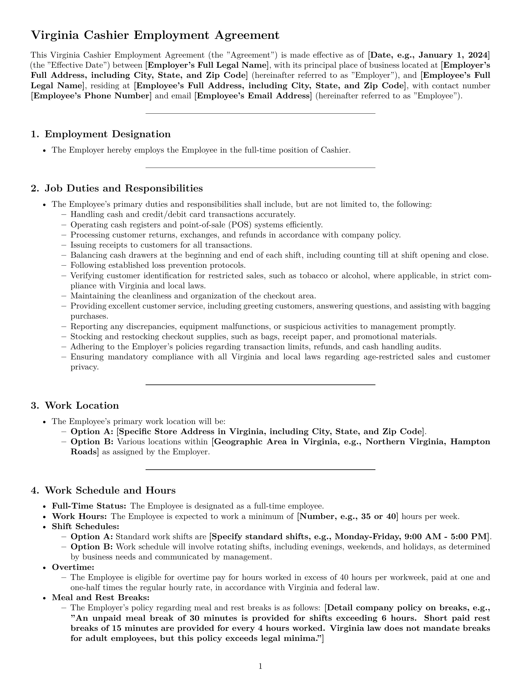 Preview page 1 of Pro Virginia cashier employment contract template