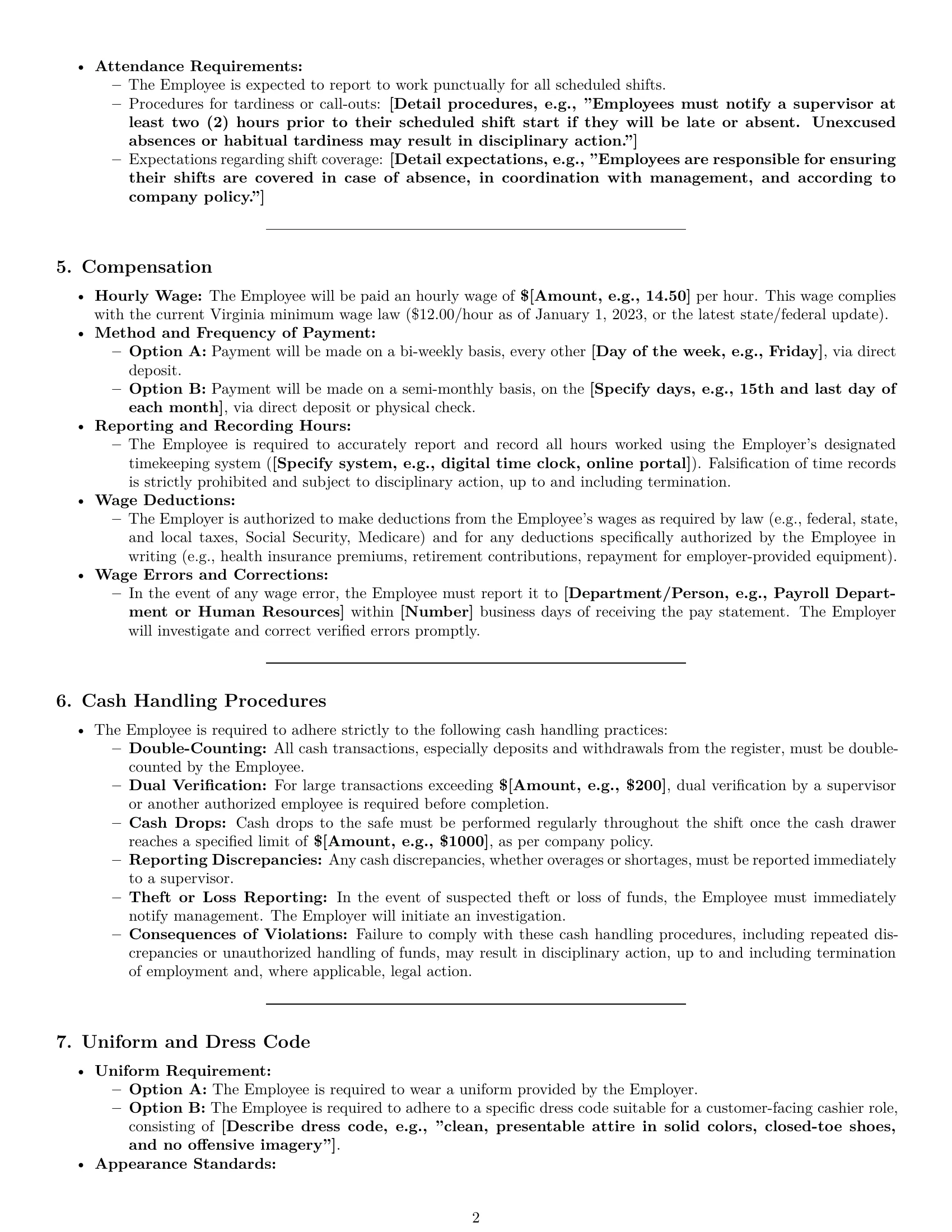 Preview page 2 of Pro Virginia cashier employment contract template