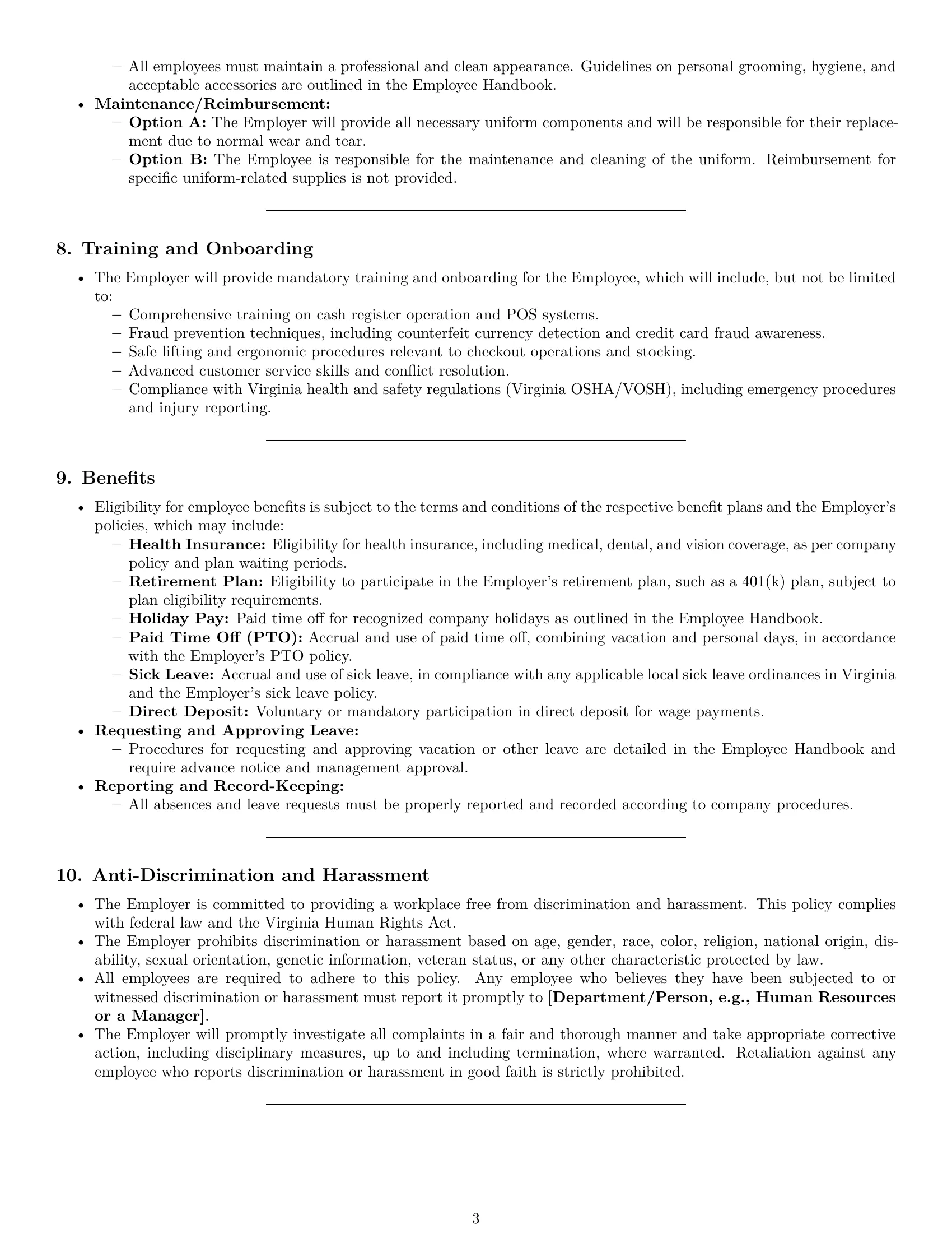 Preview page 3 of Pro Virginia cashier employment contract template
