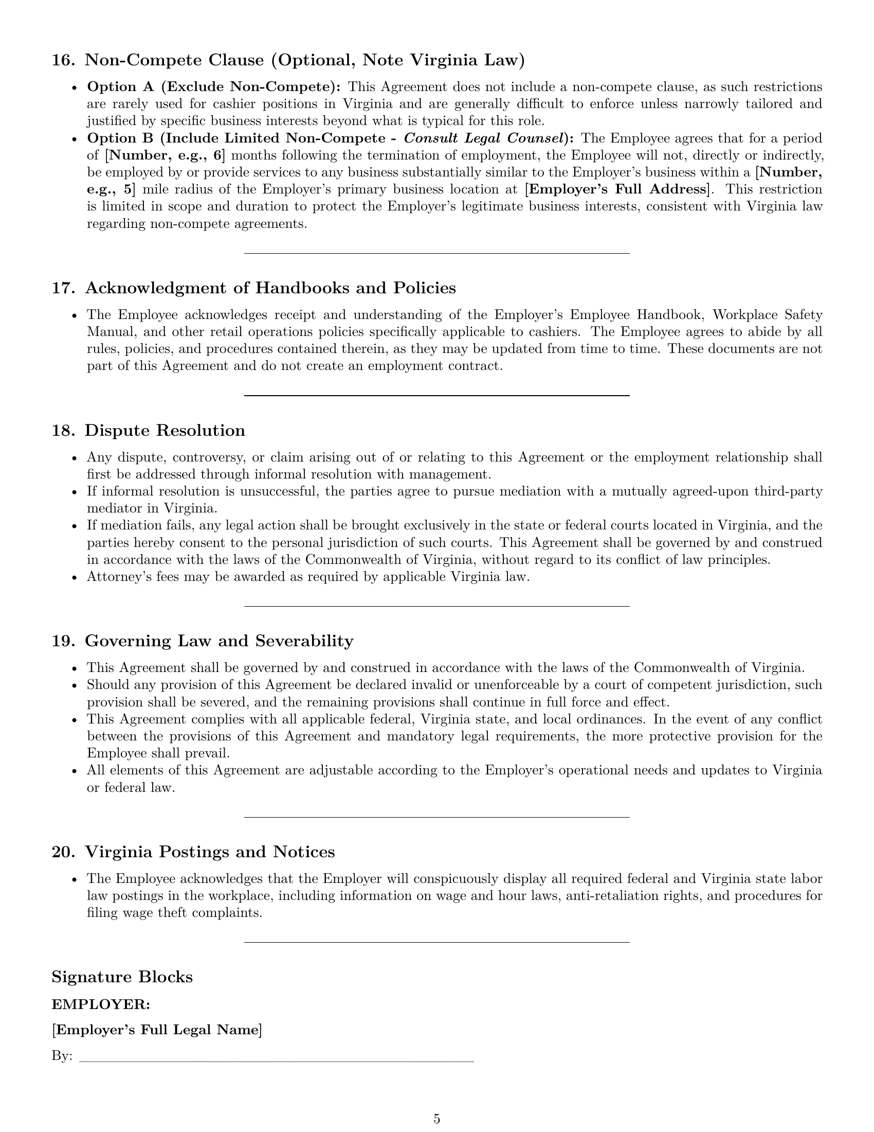 Preview page 5 of Pro Virginia cashier employment contract template