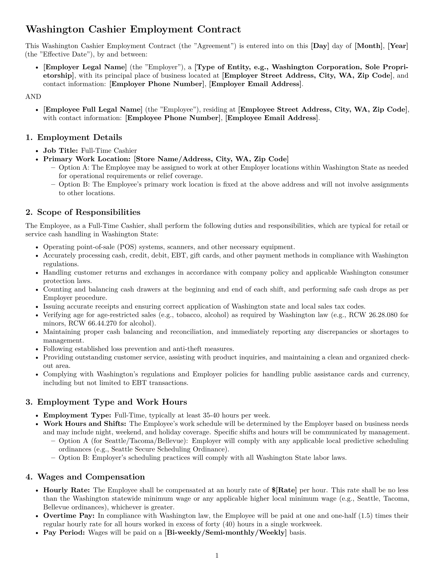 Preview page 1 of Pro Washington cashier employment contract template