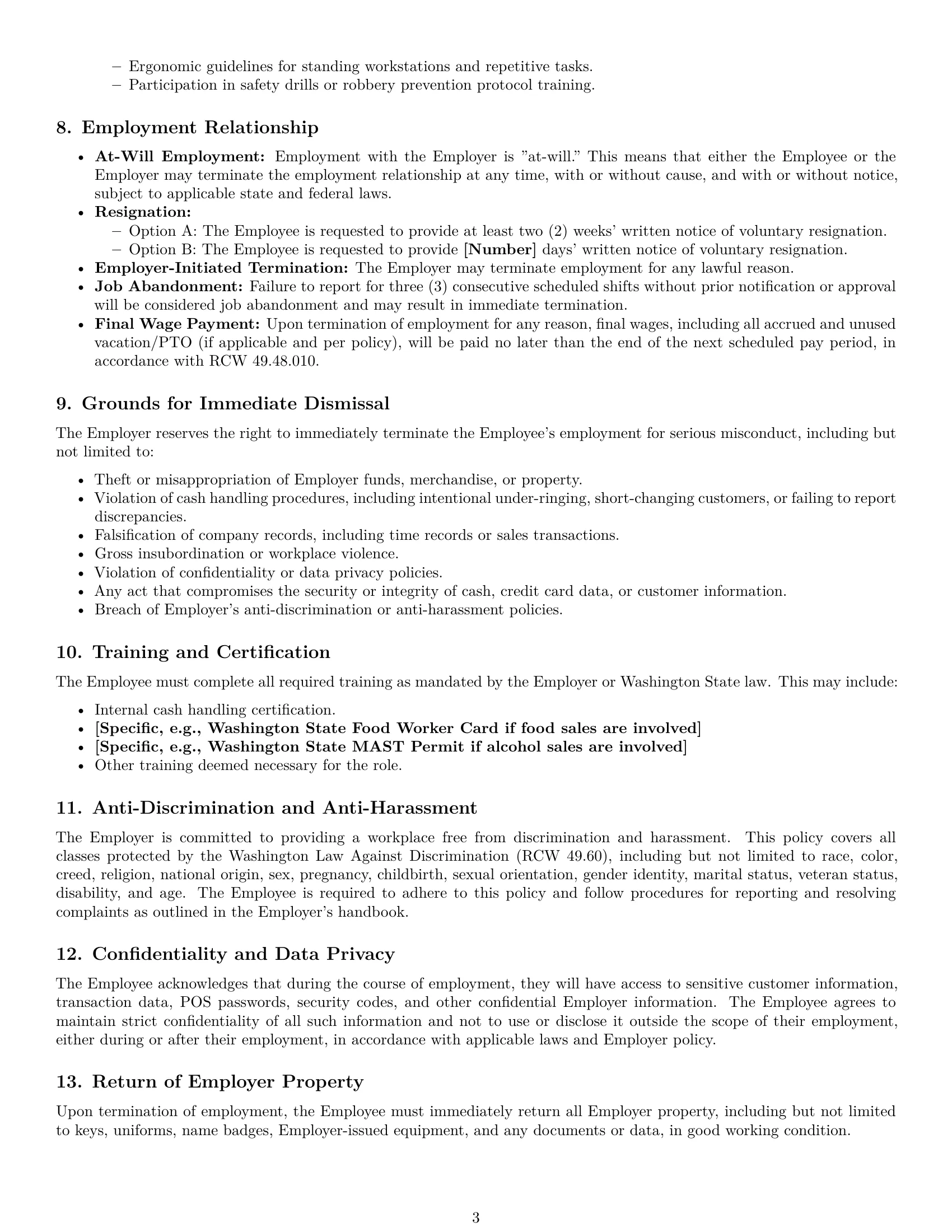 Preview page 3 of Pro Washington cashier employment contract template