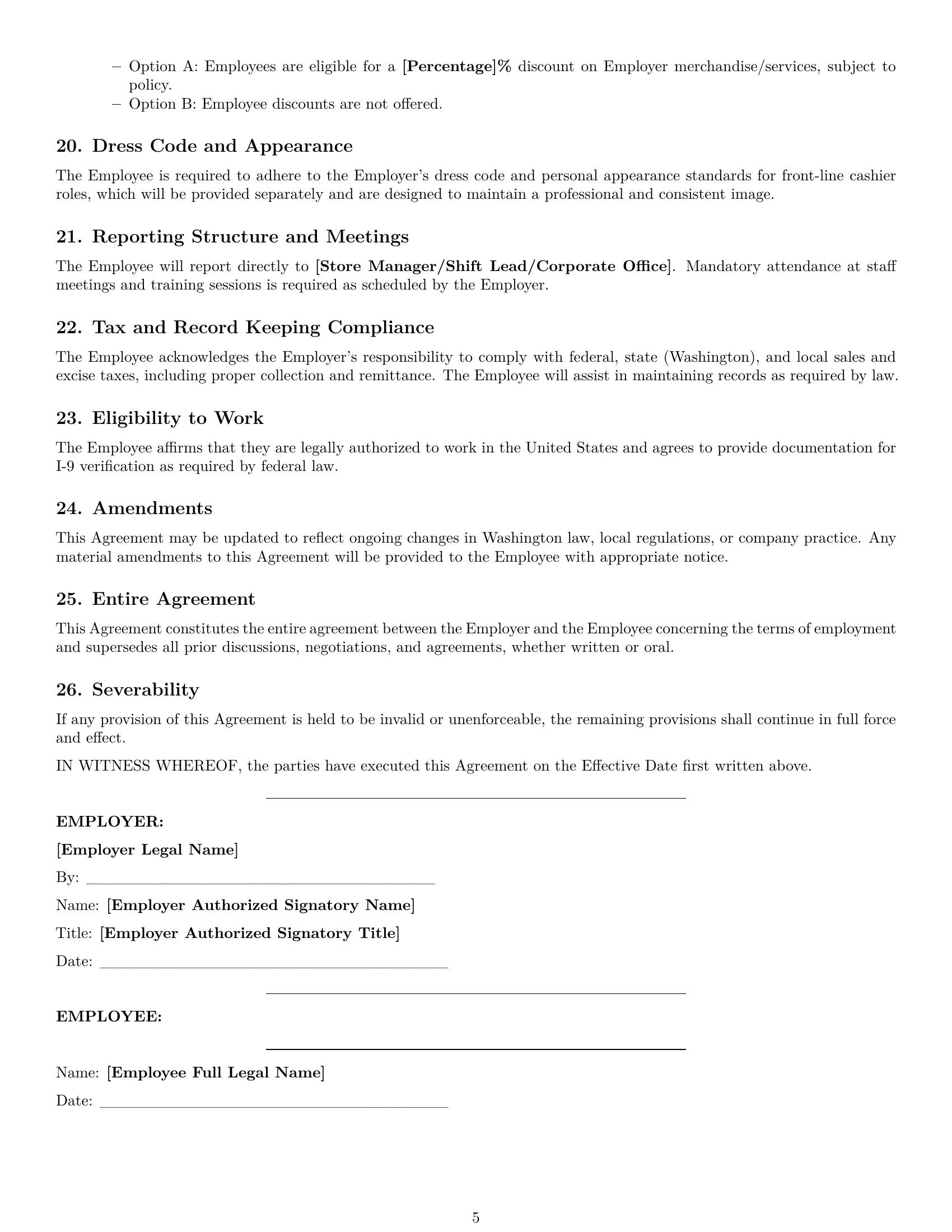 Preview page 5 of Pro Washington cashier employment contract template