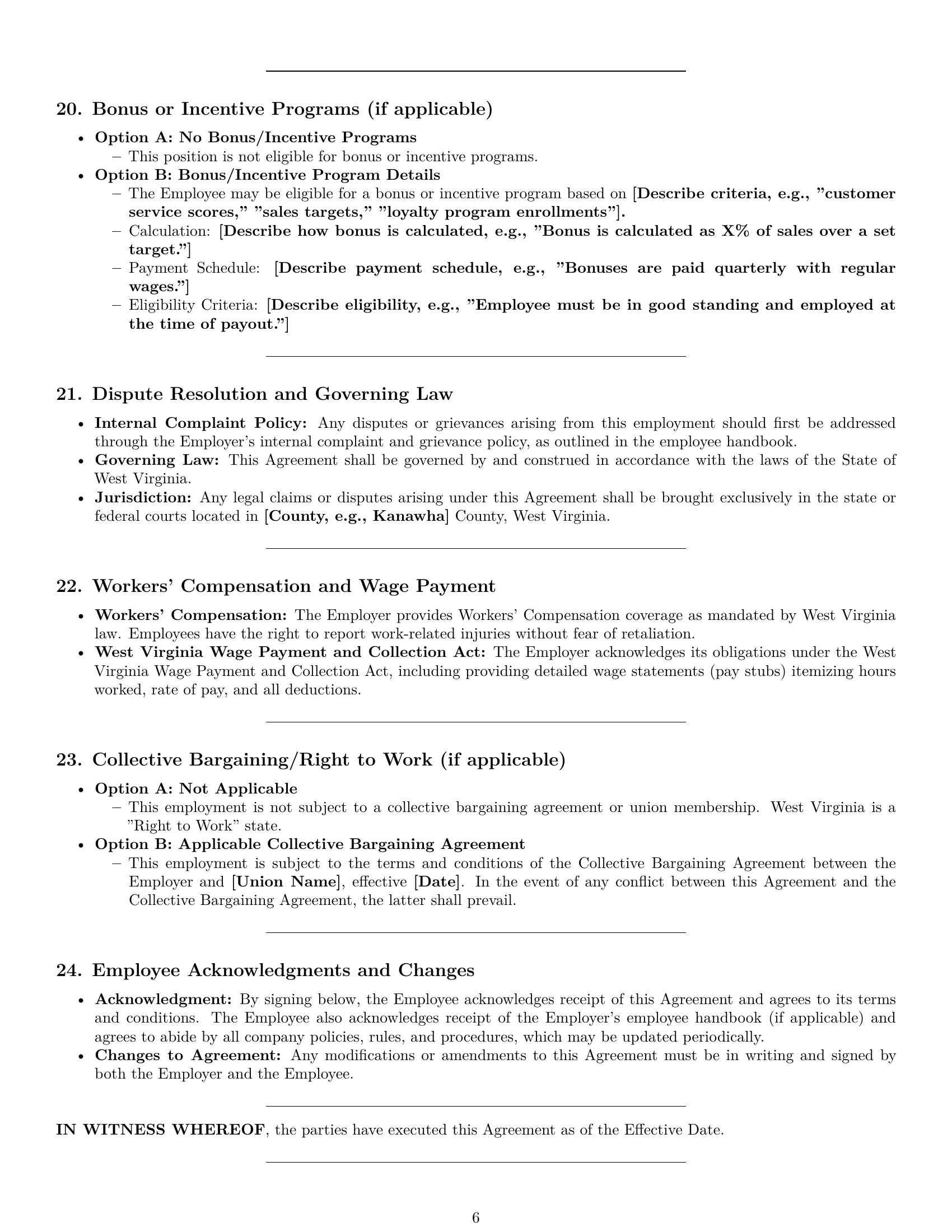 Preview page 6 of Pro West Virginia cashier employment contract template