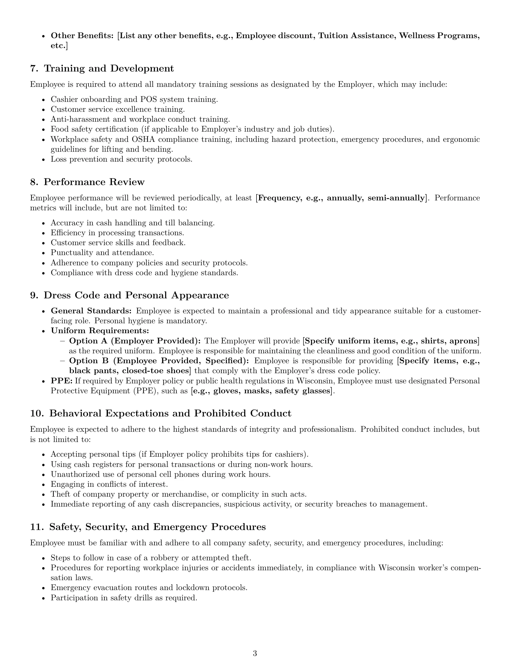 Preview page 3 of Pro Wisconsin cashier employment contract template