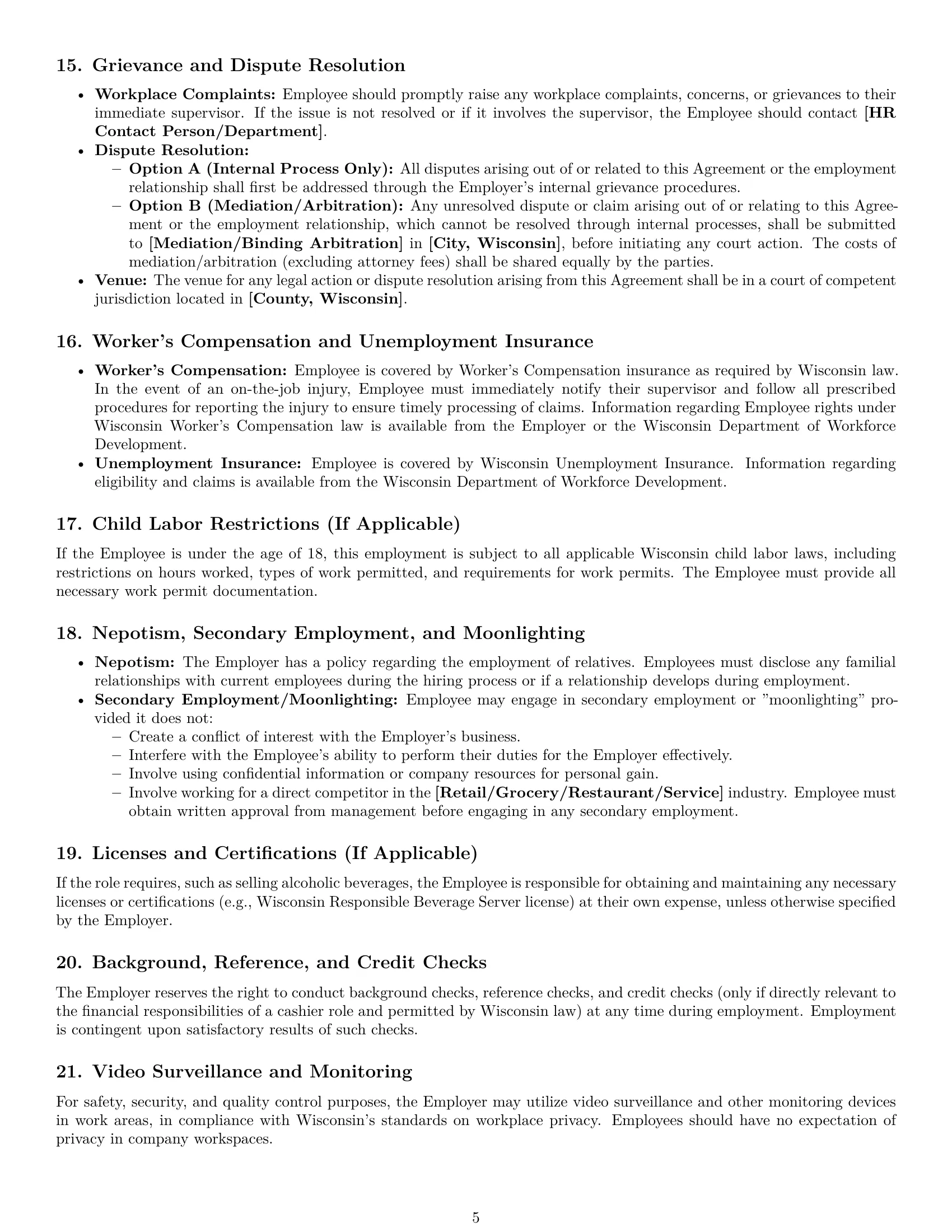 Preview page 5 of Pro Wisconsin cashier employment contract template