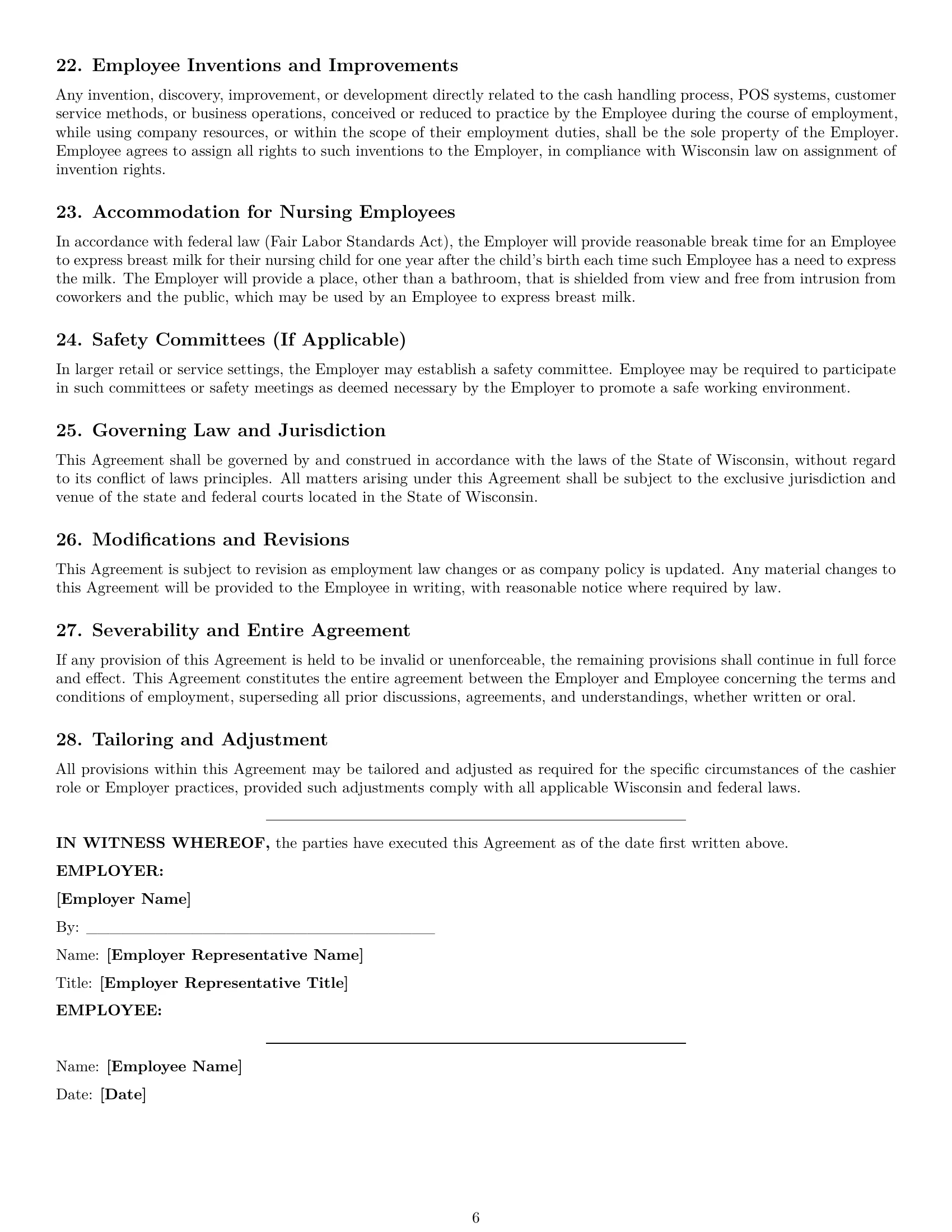 Preview page 6 of Pro Wisconsin cashier employment contract template