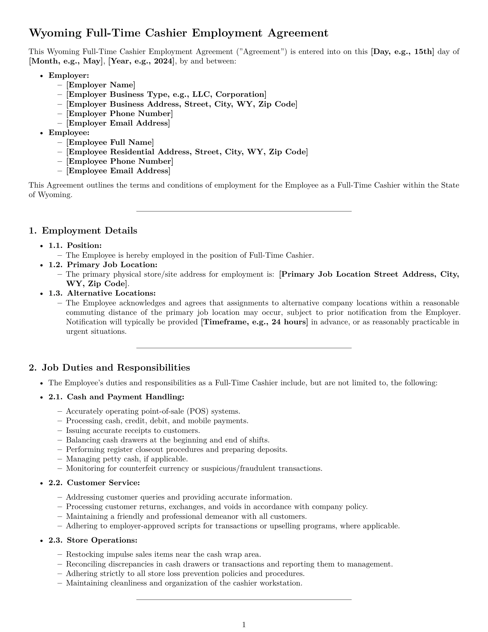 Preview page 1 of Pro Wyoming cashier employment contract template