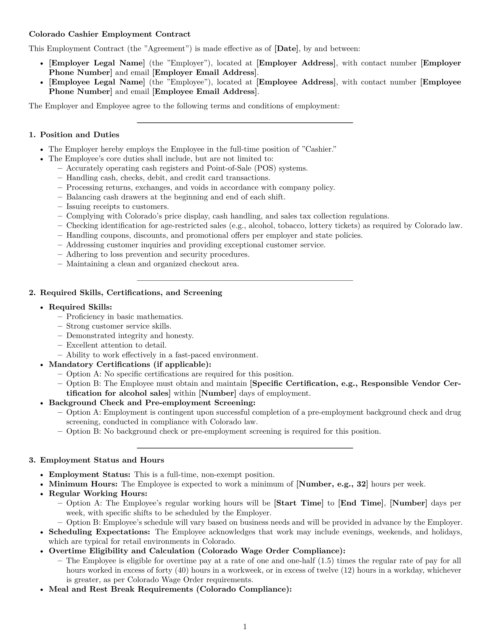 Preview page 1 of Pro Colorado cashier employment contract template