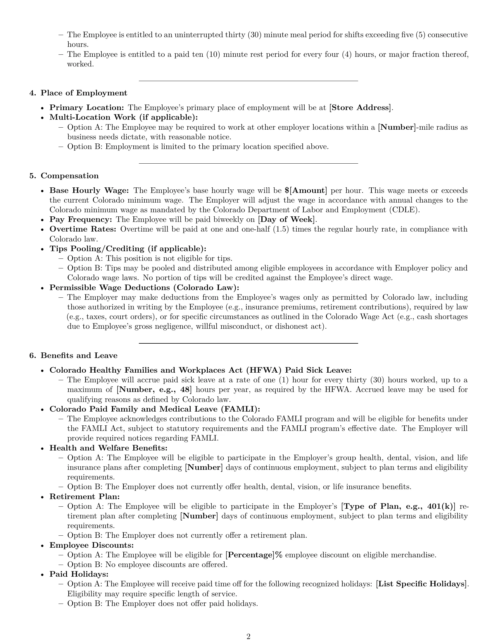 Preview page 2 of Pro Colorado cashier employment contract template