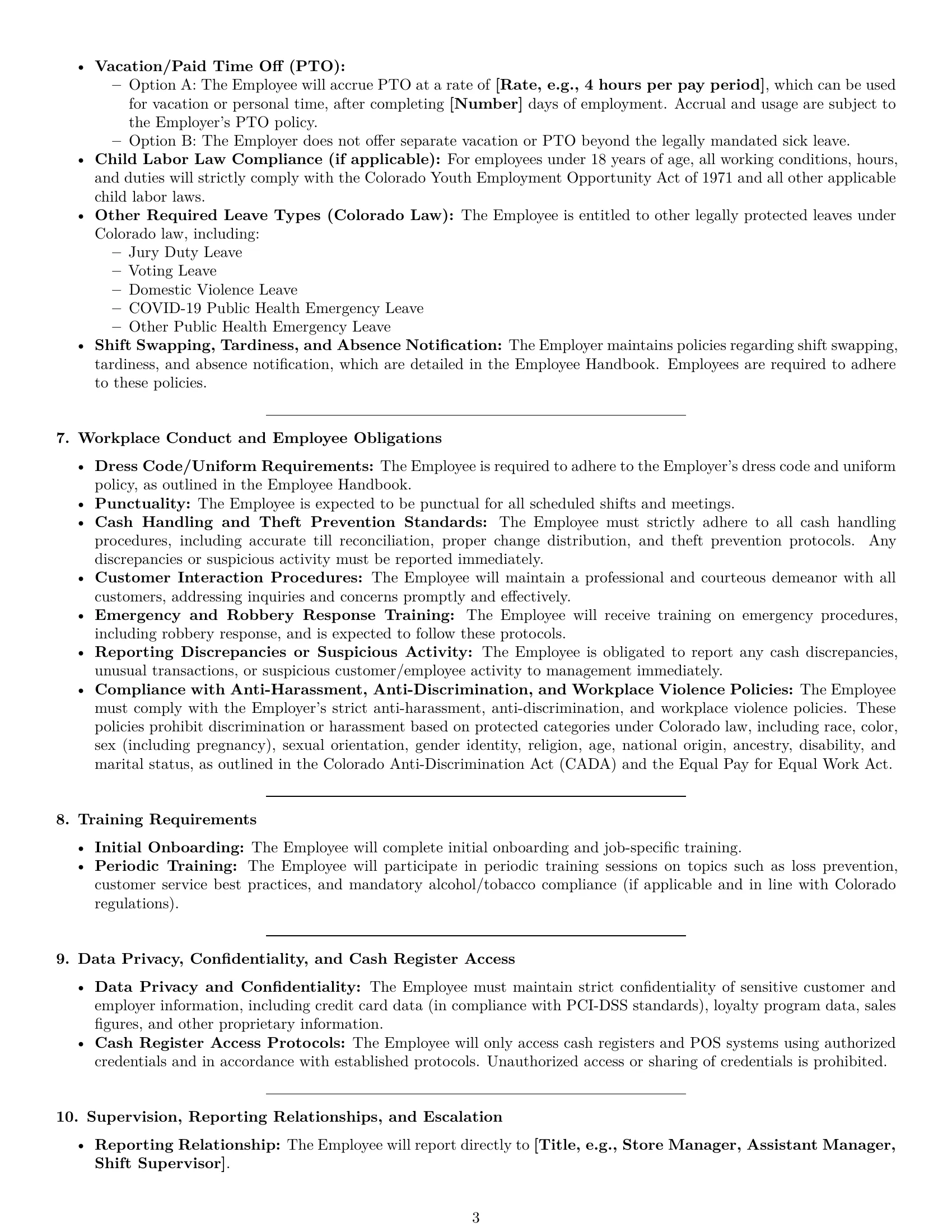 Preview page 3 of Pro Colorado cashier employment contract template