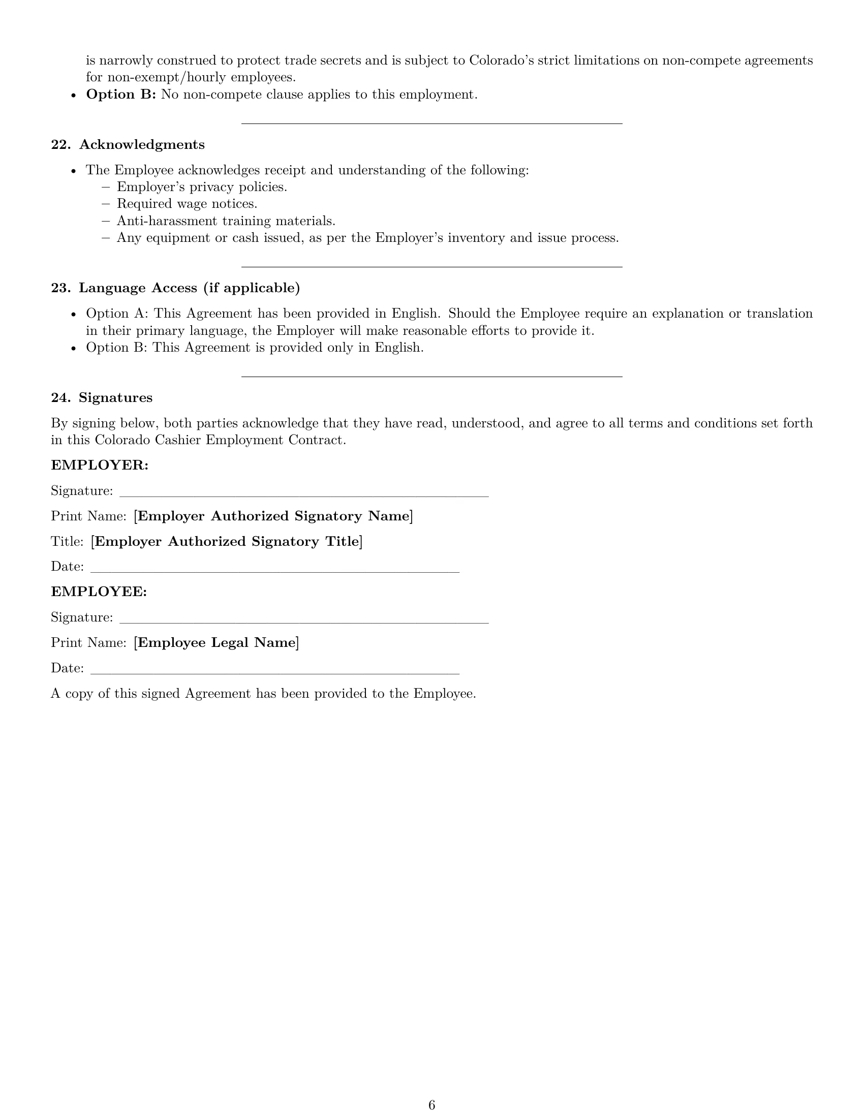 Preview page 6 of Pro Colorado cashier employment contract template