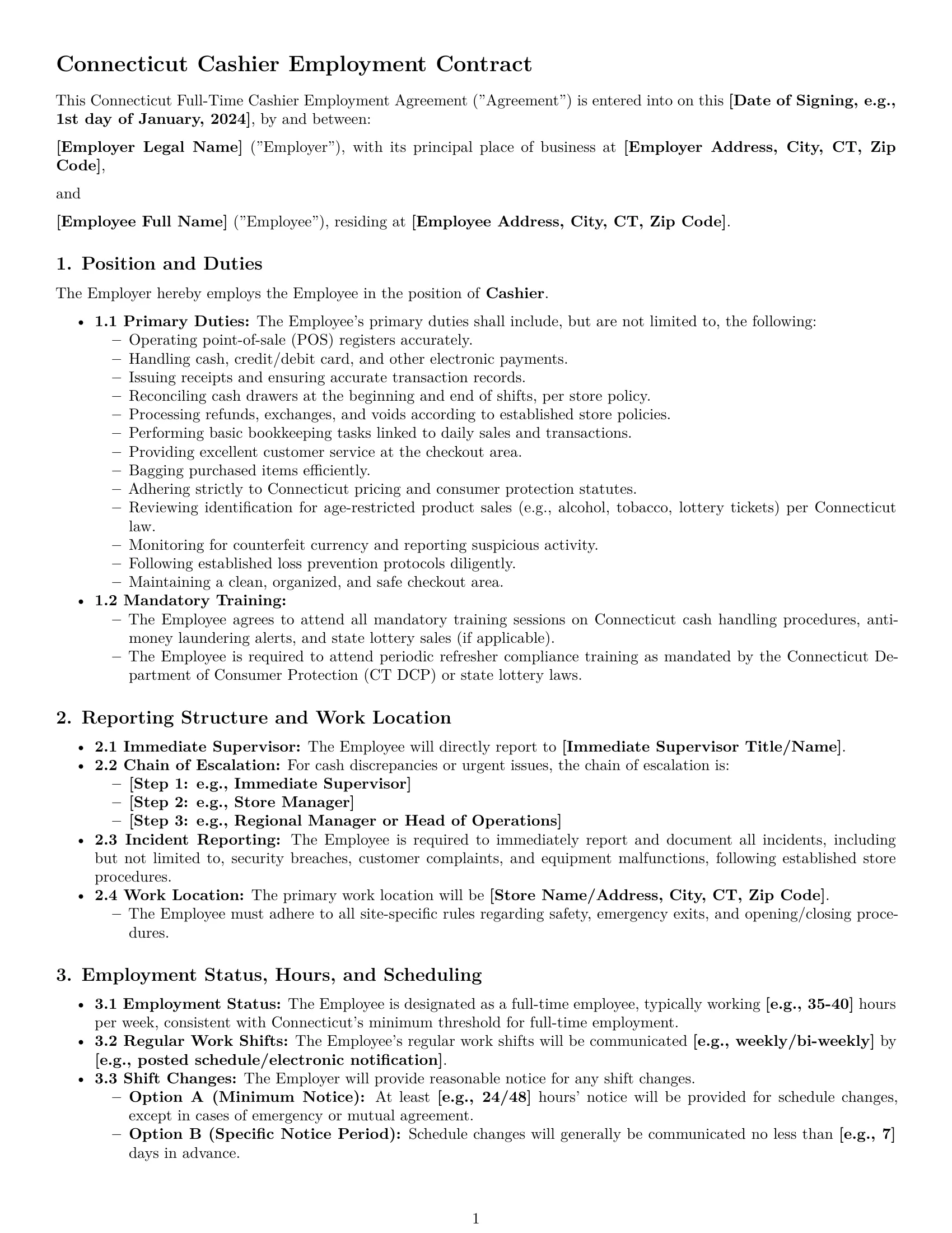 Preview page 1 of Pro Connecticut cashier employment contract template