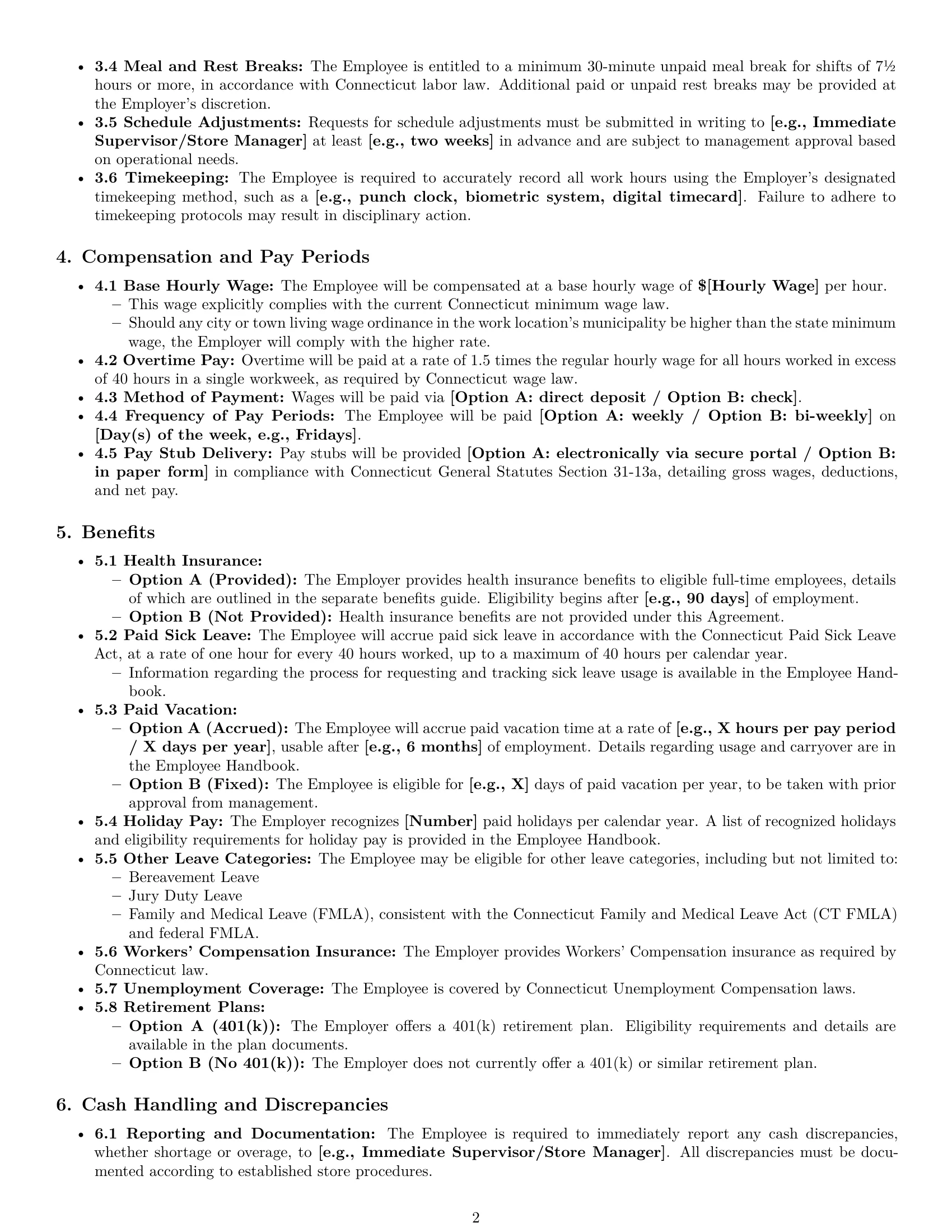 Preview page 2 of Pro Connecticut cashier employment contract template