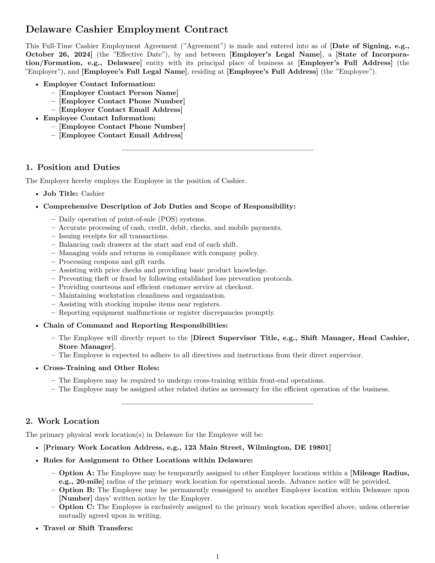 Preview page 1 of Pro Delaware cashier employment contract template