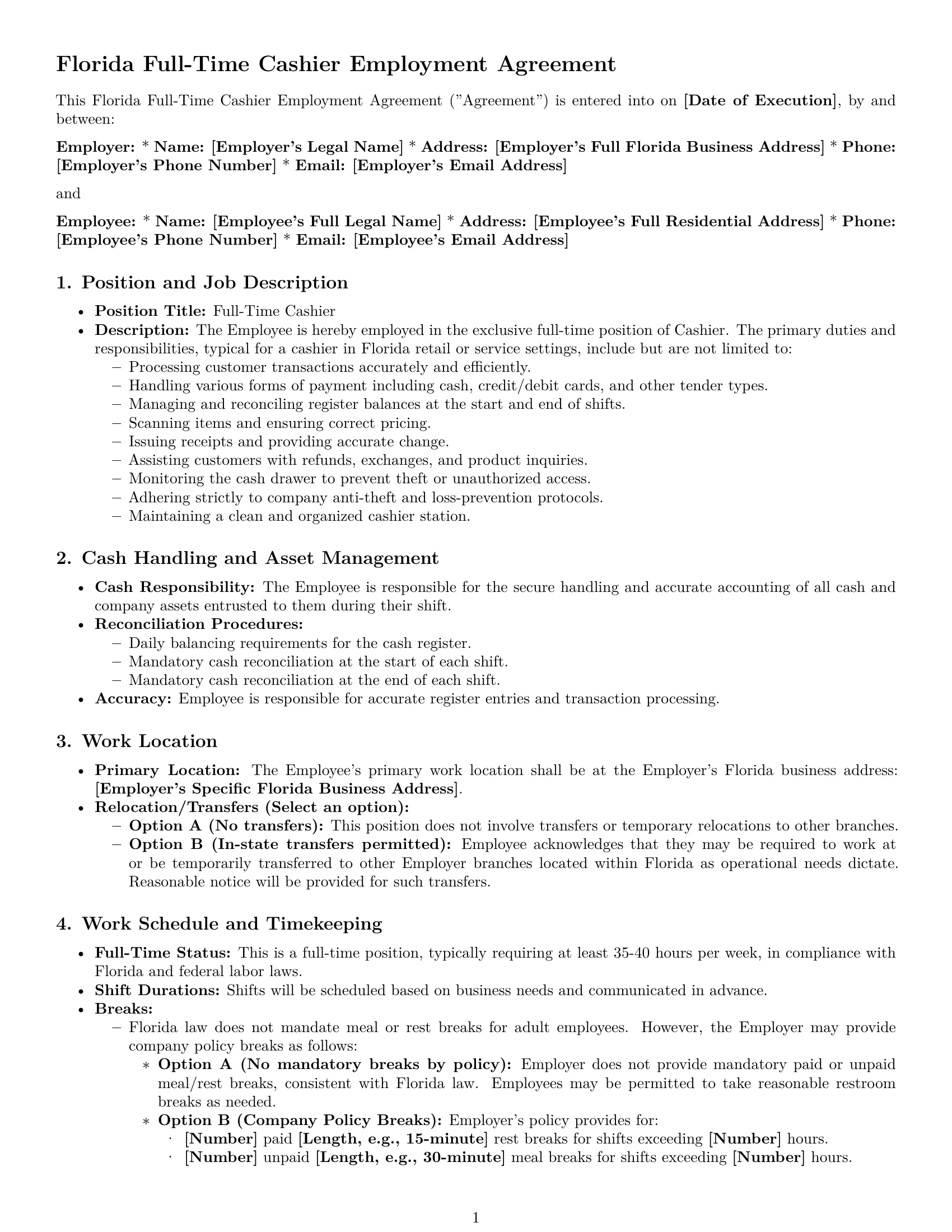 Preview page 1 of Pro Florida cashier employment contract template