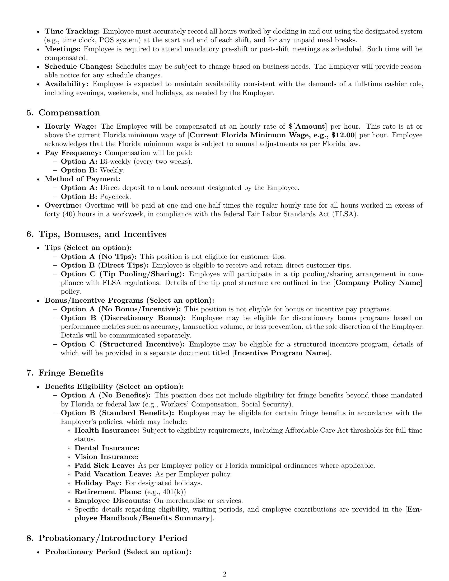 Preview page 2 of Pro Florida cashier employment contract template
