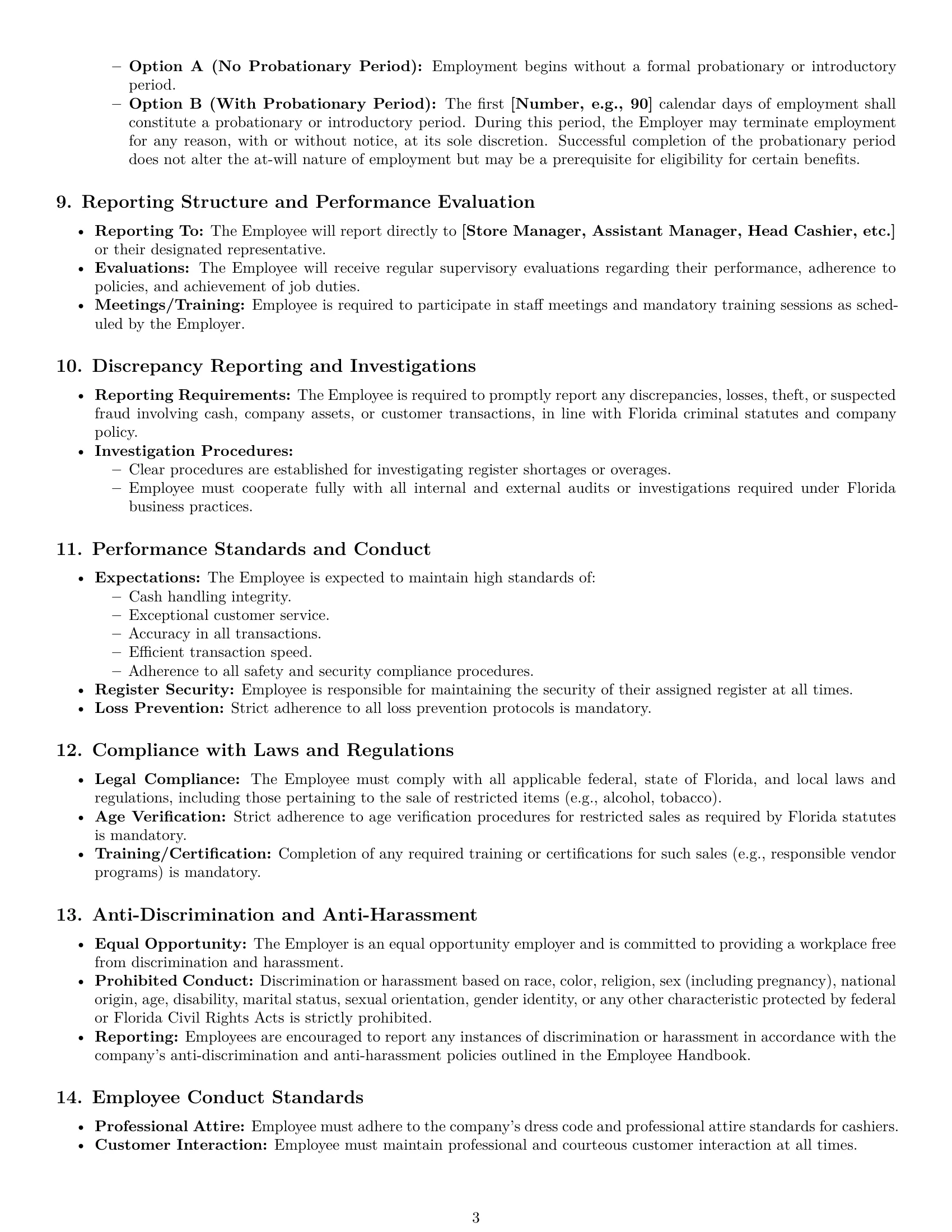 Preview page 3 of Pro Florida cashier employment contract template