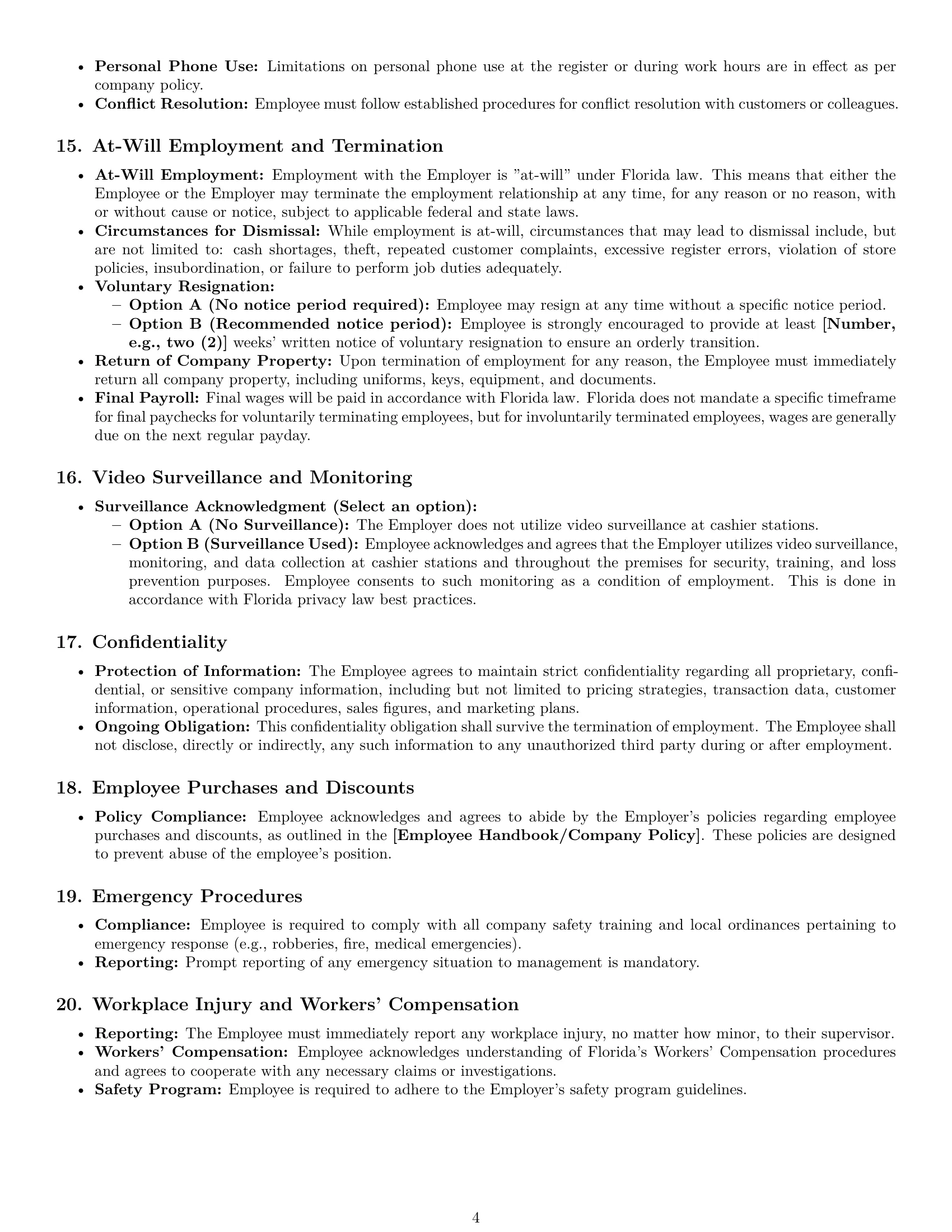 Preview page 4 of Pro Florida cashier employment contract template