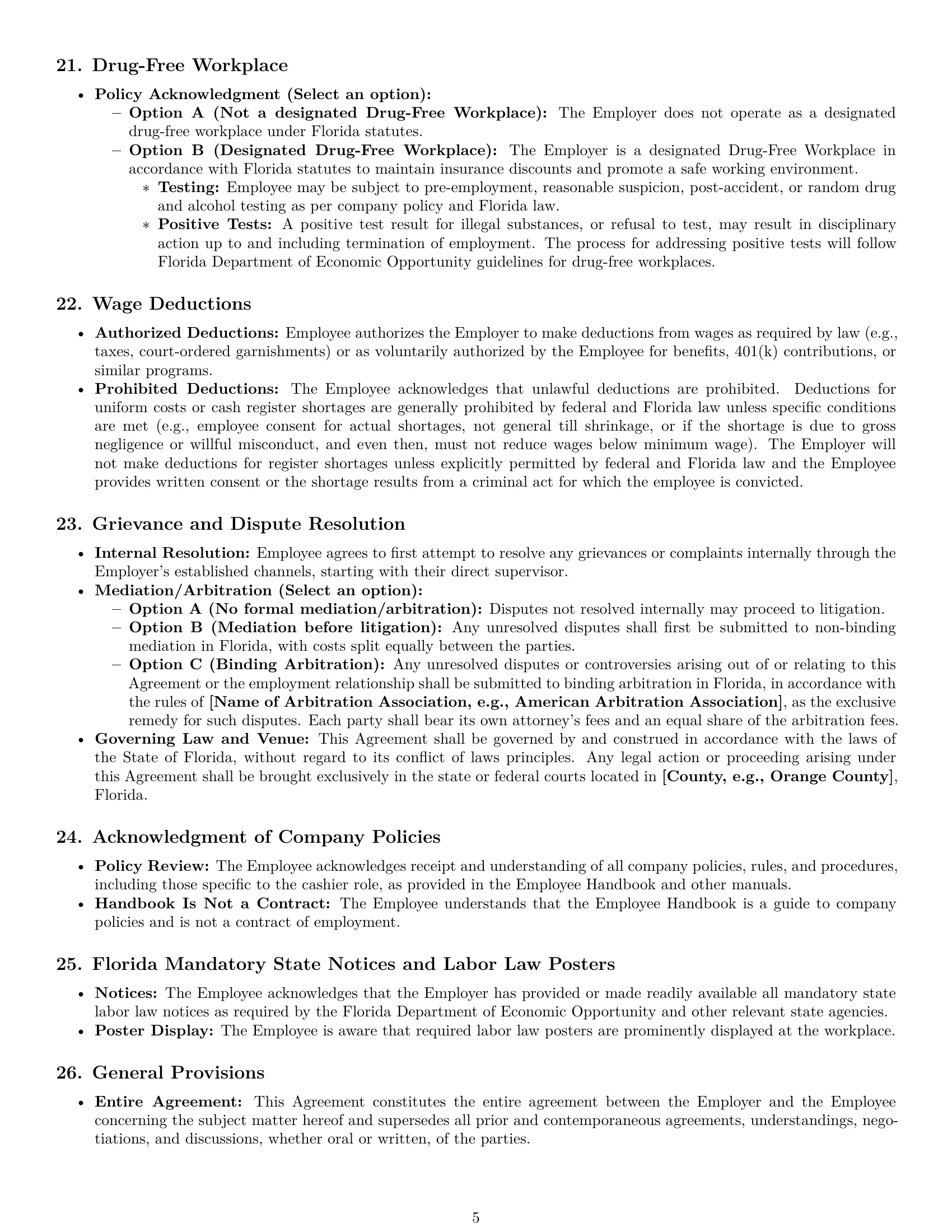 Preview page 5 of Pro Florida cashier employment contract template