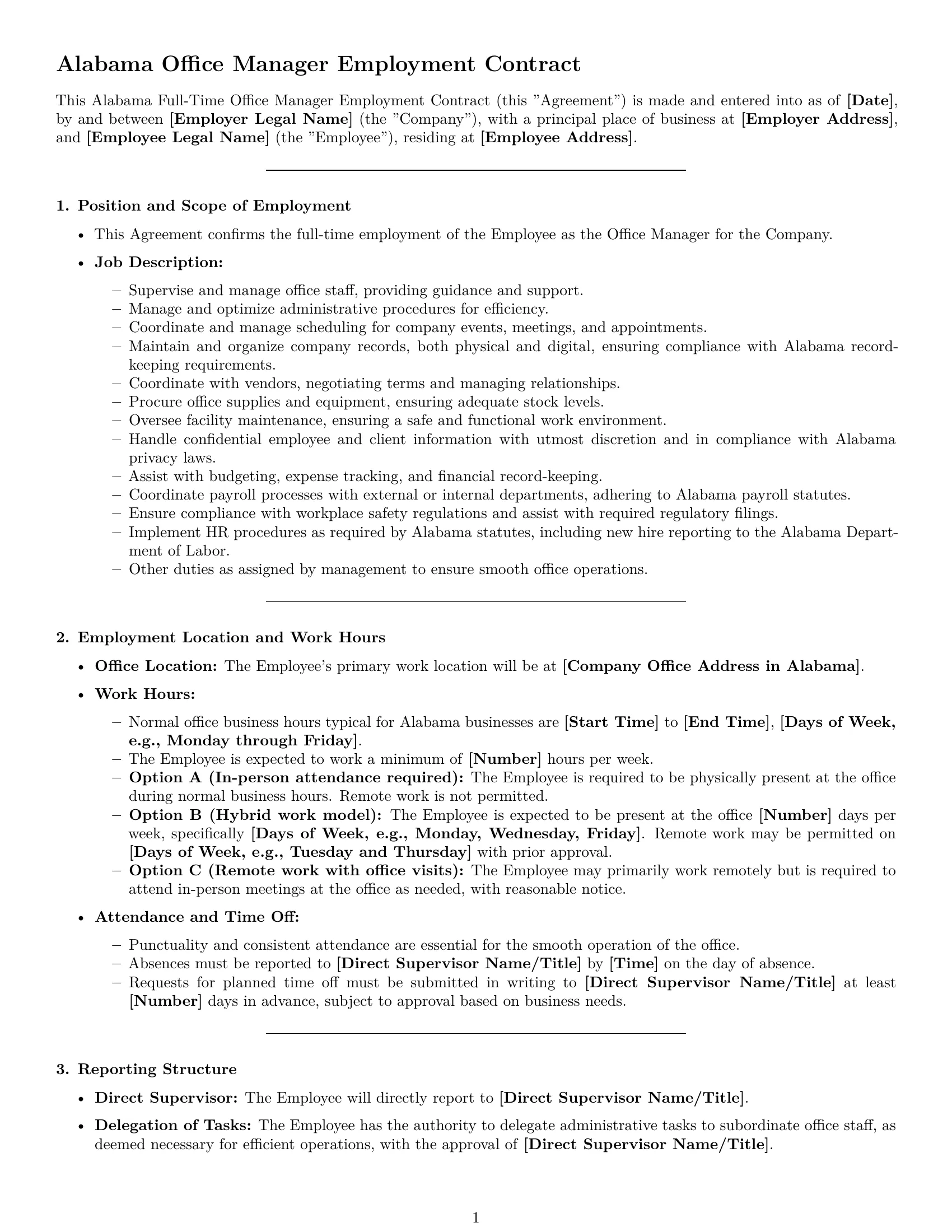 Preview page 1 of Pro Alabama office manager employment contract template