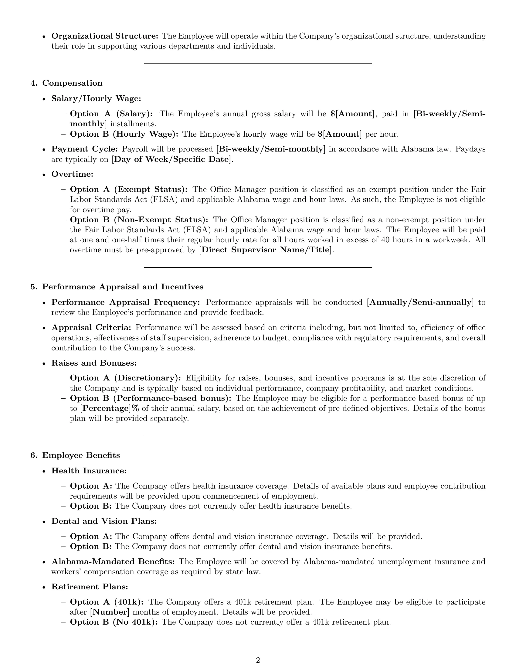 Preview page 2 of Pro Alabama office manager employment contract template