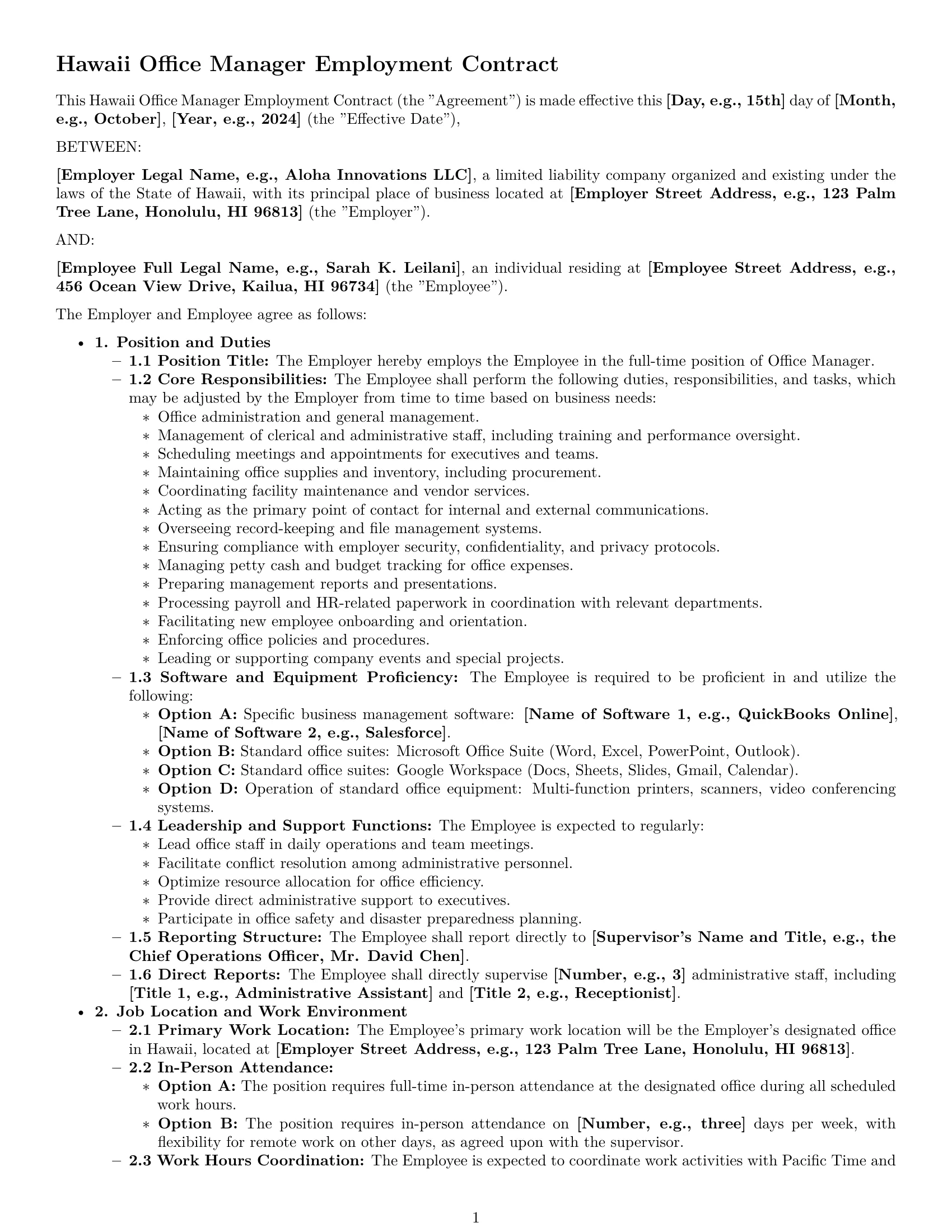 Preview page 1 of Pro Hawaii office manager employment contract template