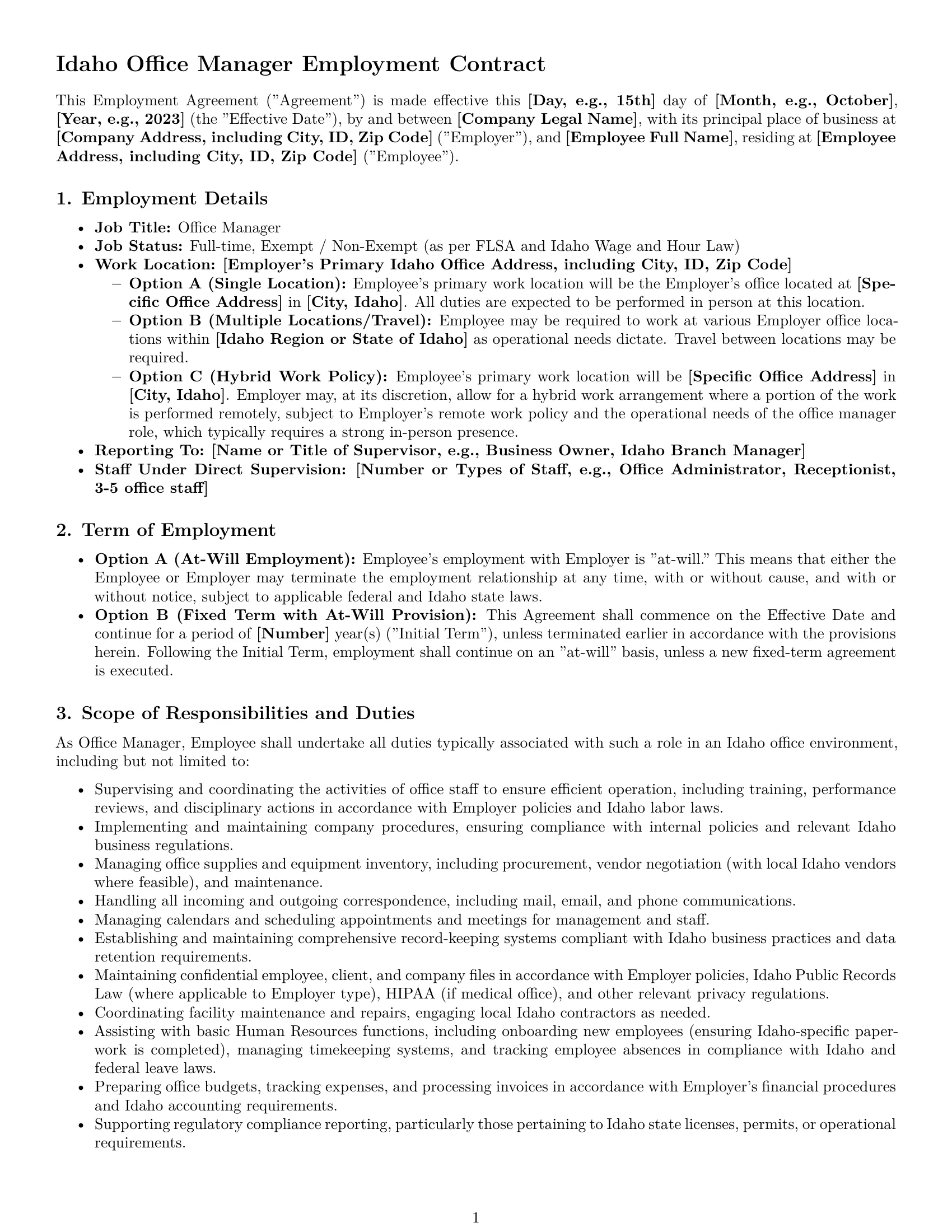 Preview page 1 of Pro Idaho office manager employment contract template