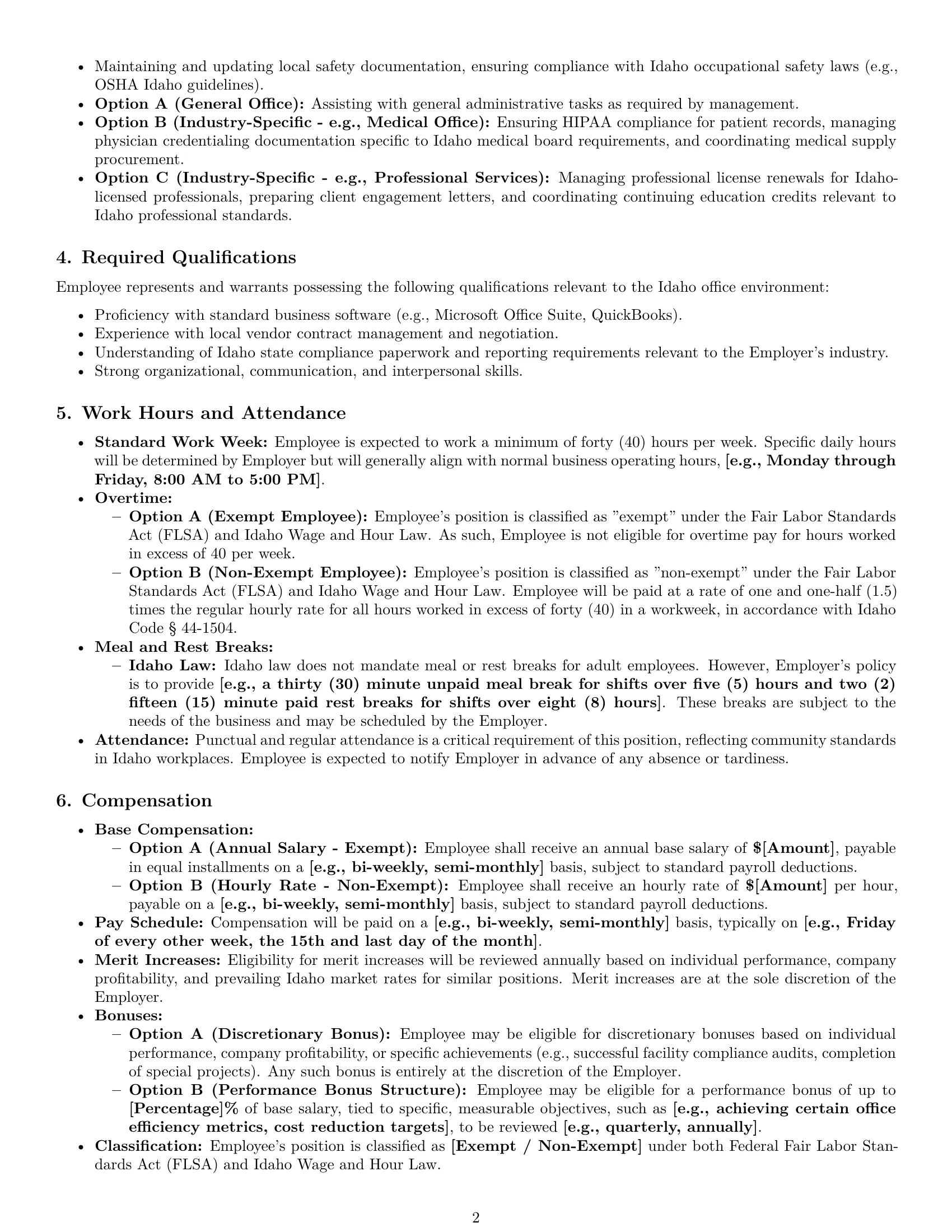 Preview page 2 of Pro Idaho office manager employment contract template