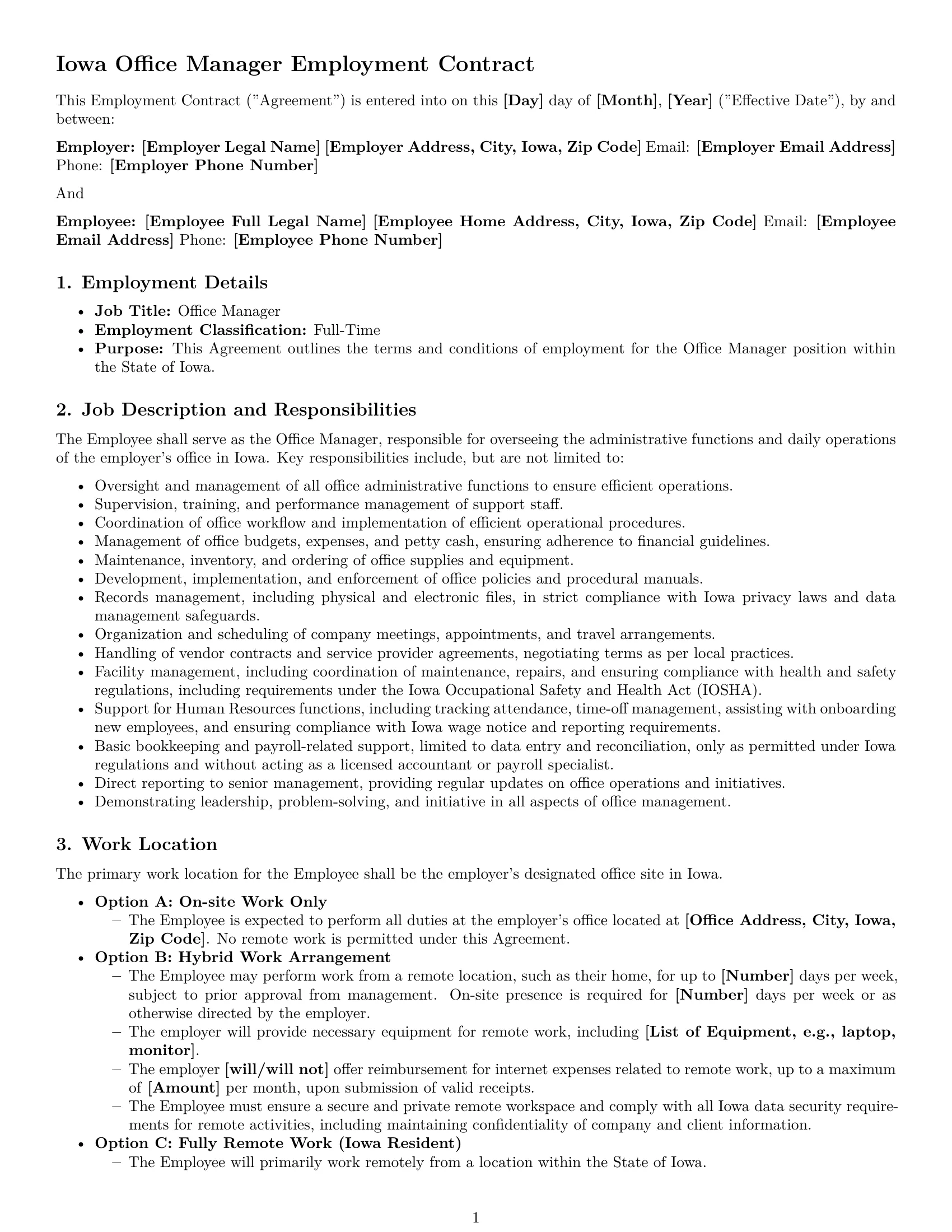 Preview page 1 of Pro Iowa office manager employment contract template