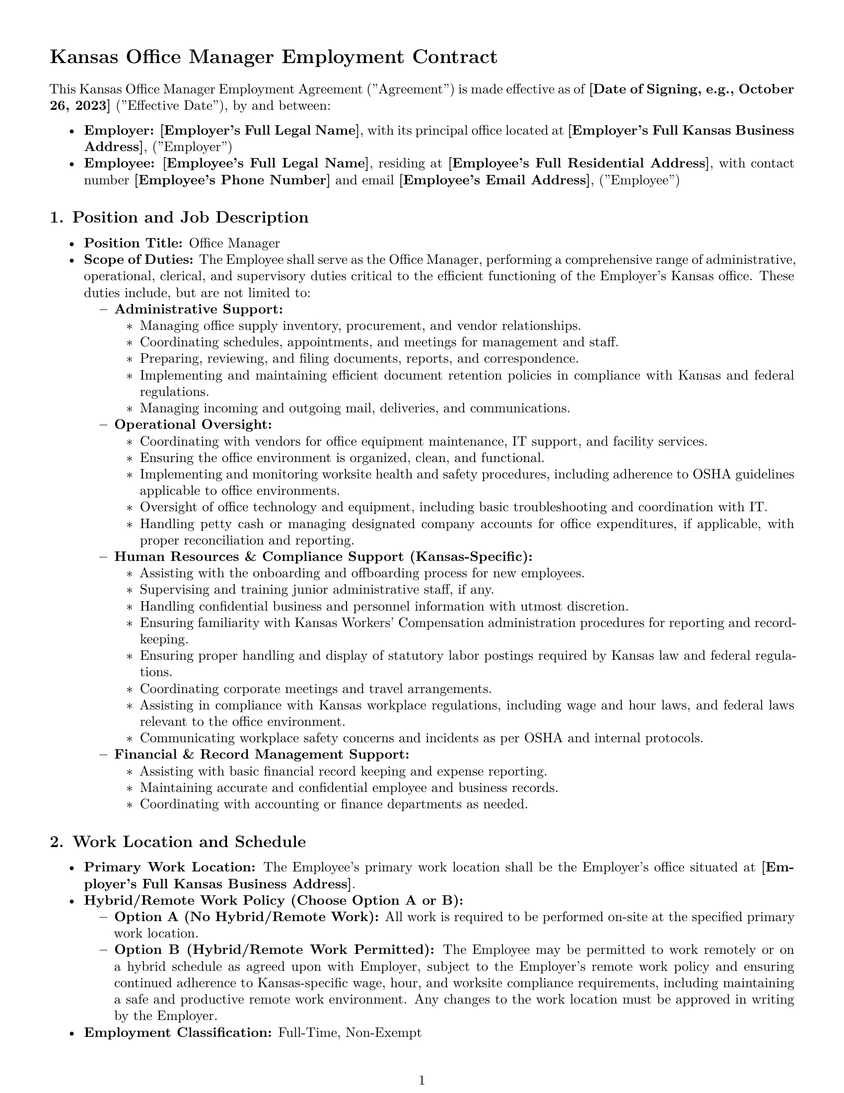 Preview page 1 of Pro Kansas office manager employment contract template