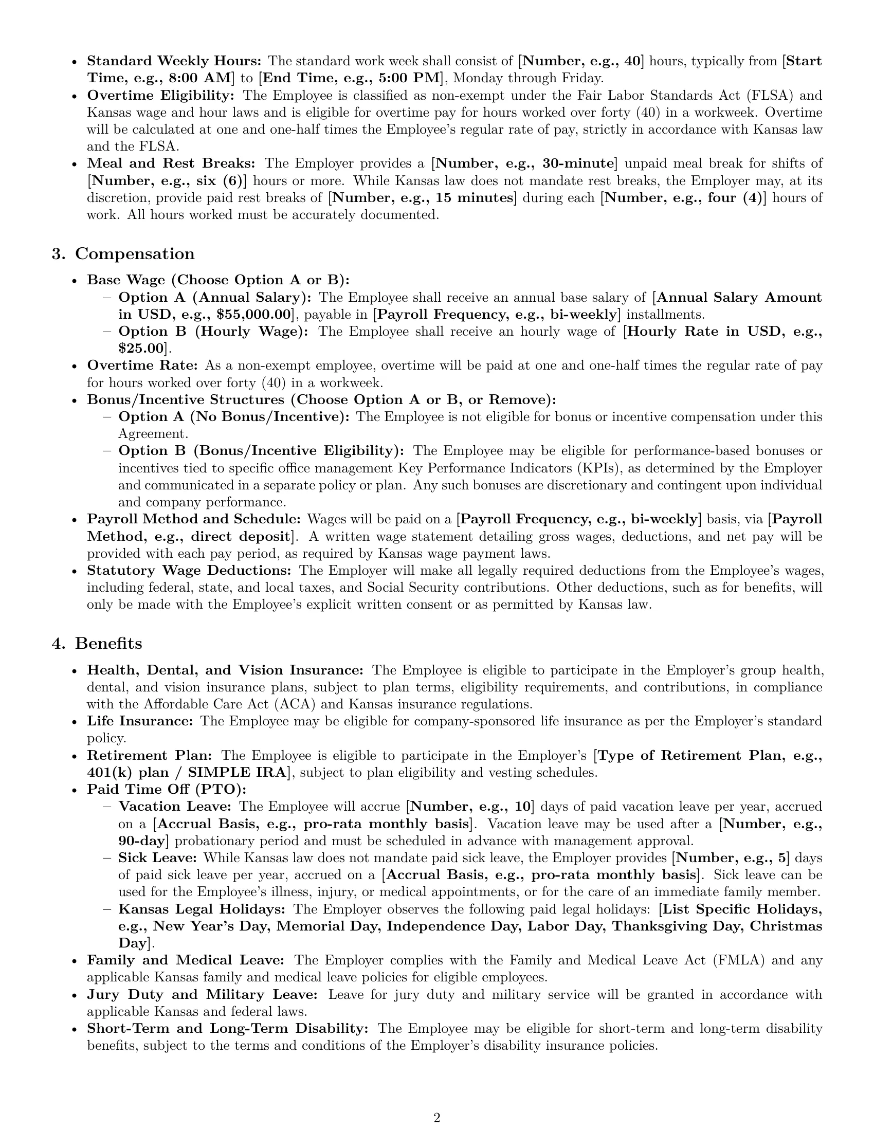 Preview page 2 of Pro Kansas office manager employment contract template