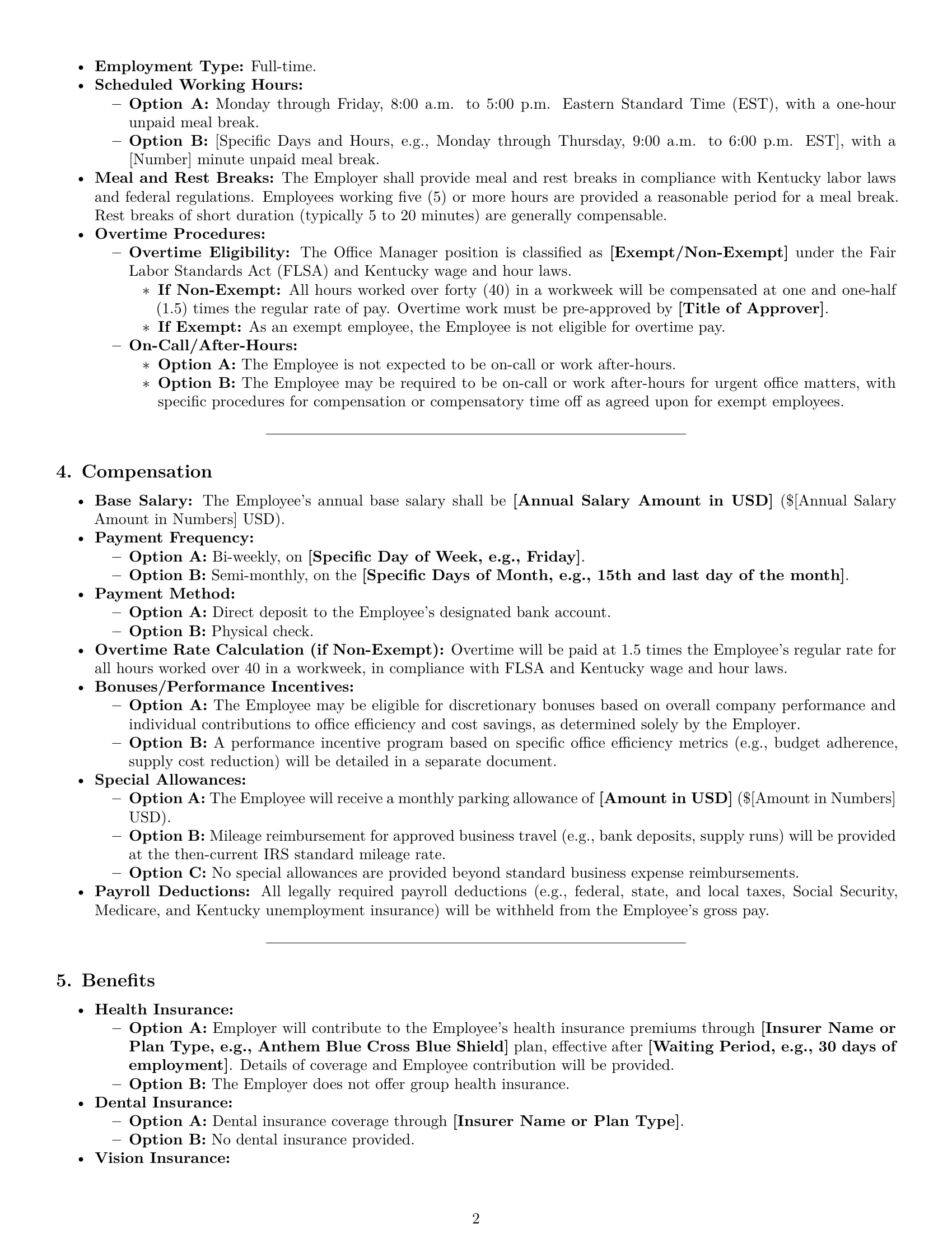Preview page 2 of Pro Kentucky office manager employment contract template