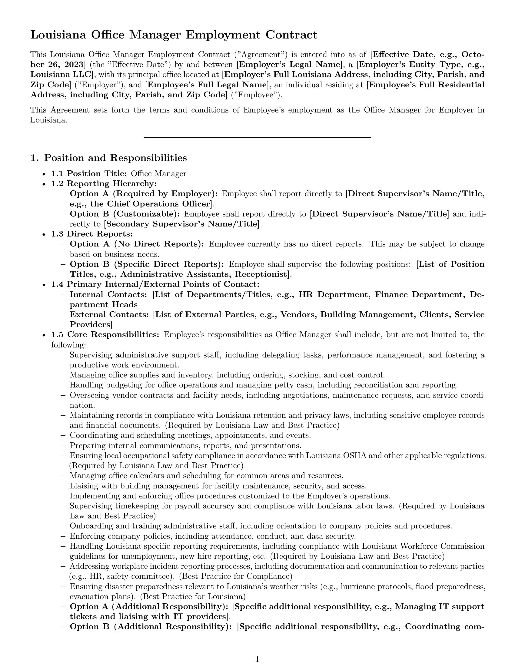 Preview page 1 of Pro Louisiana office manager employment contract template