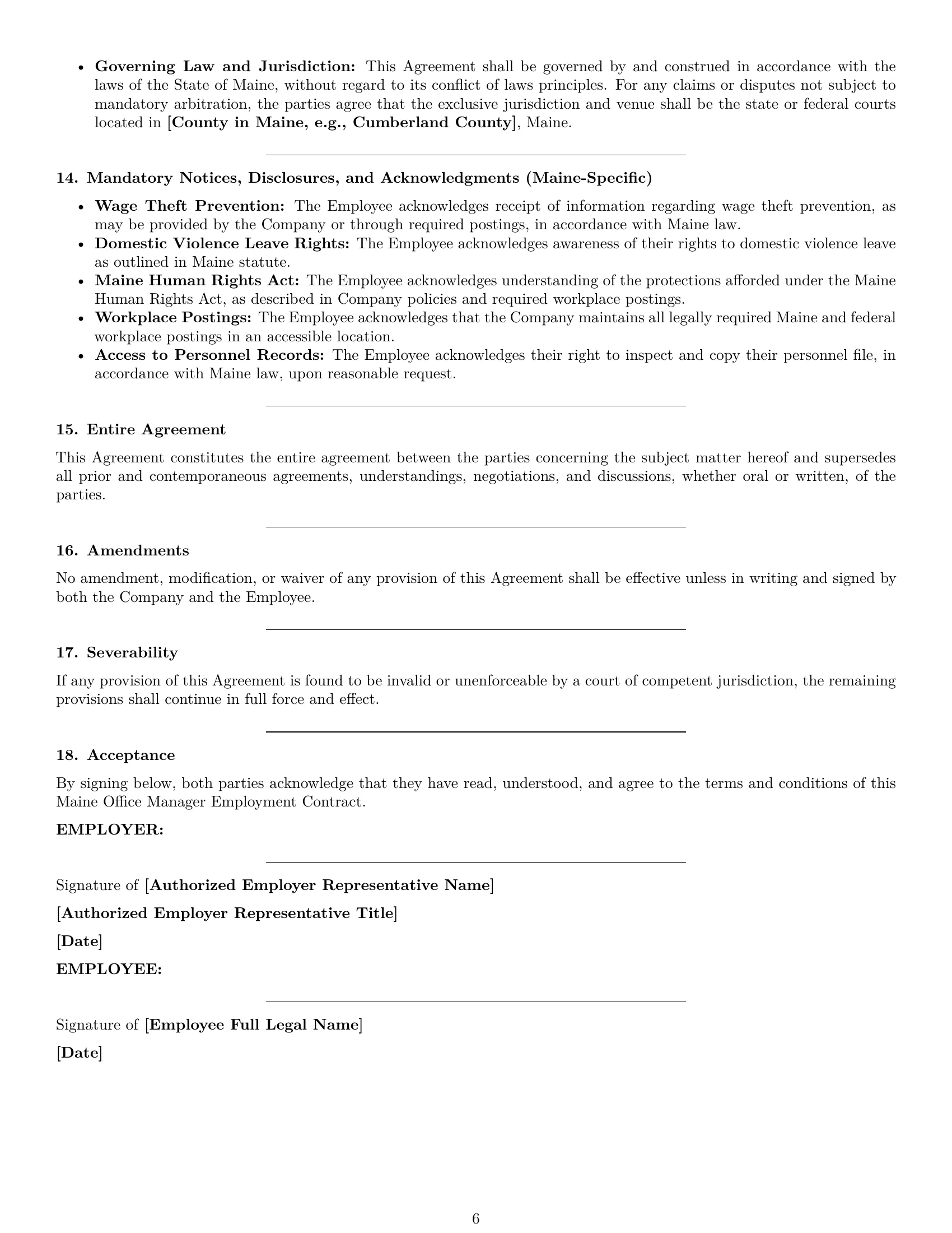 Preview page 6 of Pro Maine office manager employment contract template