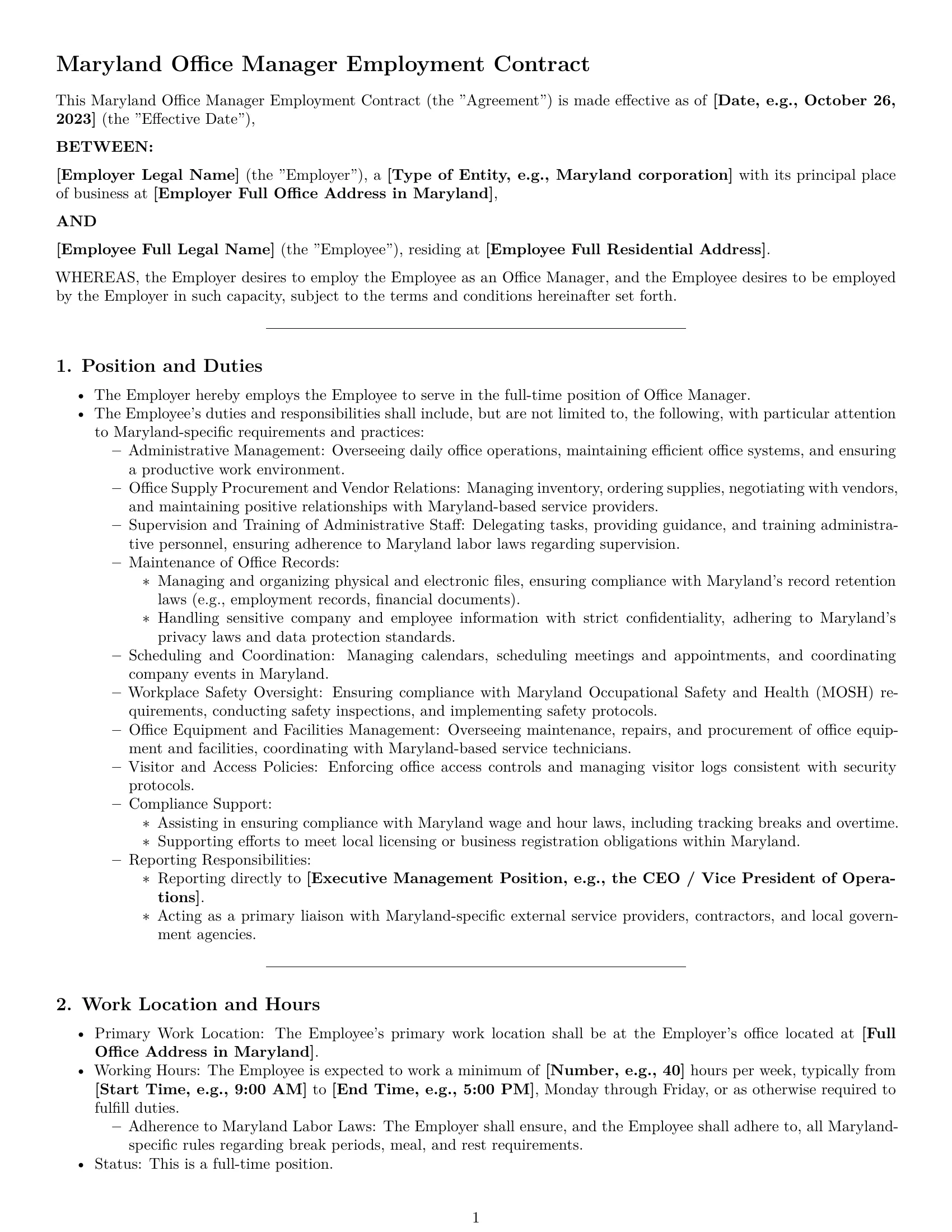 Preview page 1 of Pro Maryland office manager employment contract template