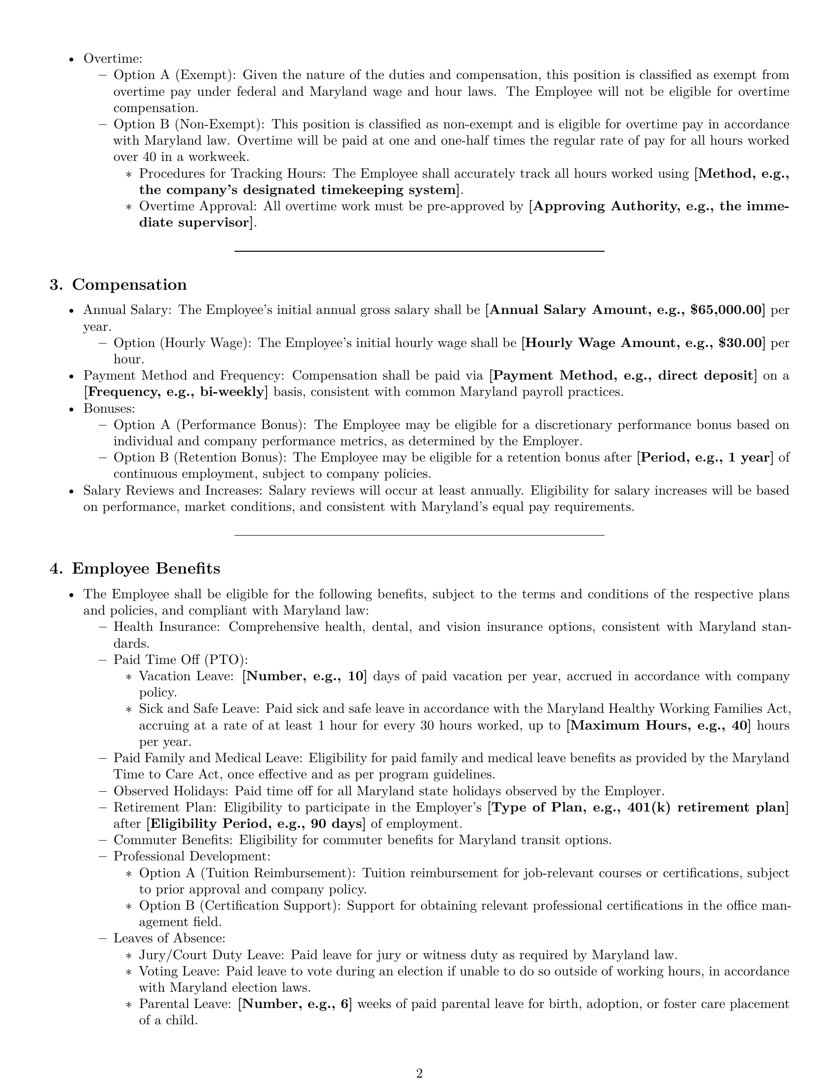 Preview page 2 of Pro Maryland office manager employment contract template