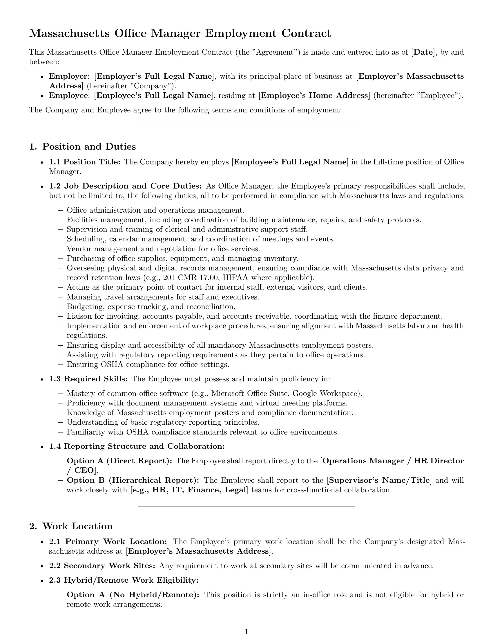 Preview page 1 of Pro Massachusetts office manager employment contract template