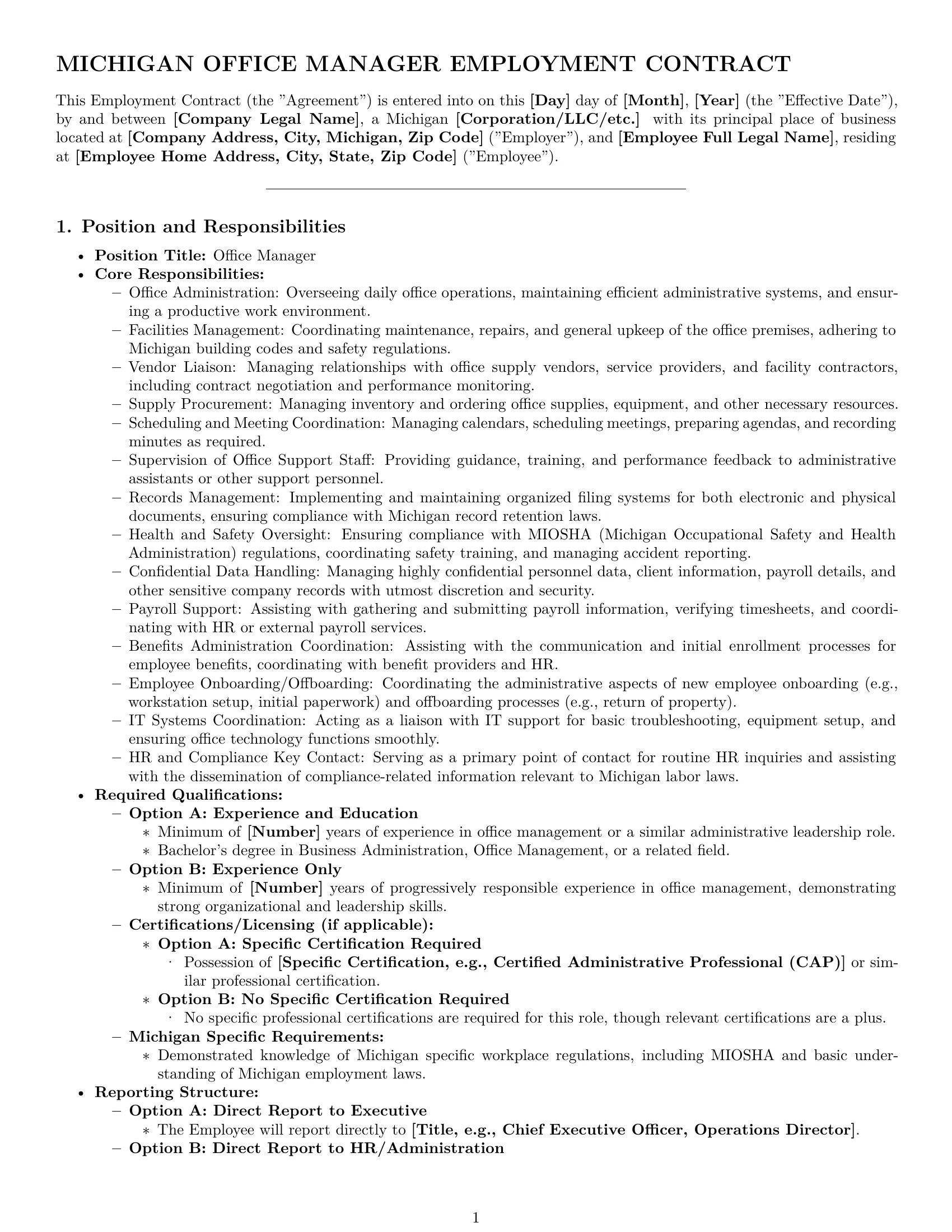 Preview page 1 of Pro Michigan office manager employment contract template
