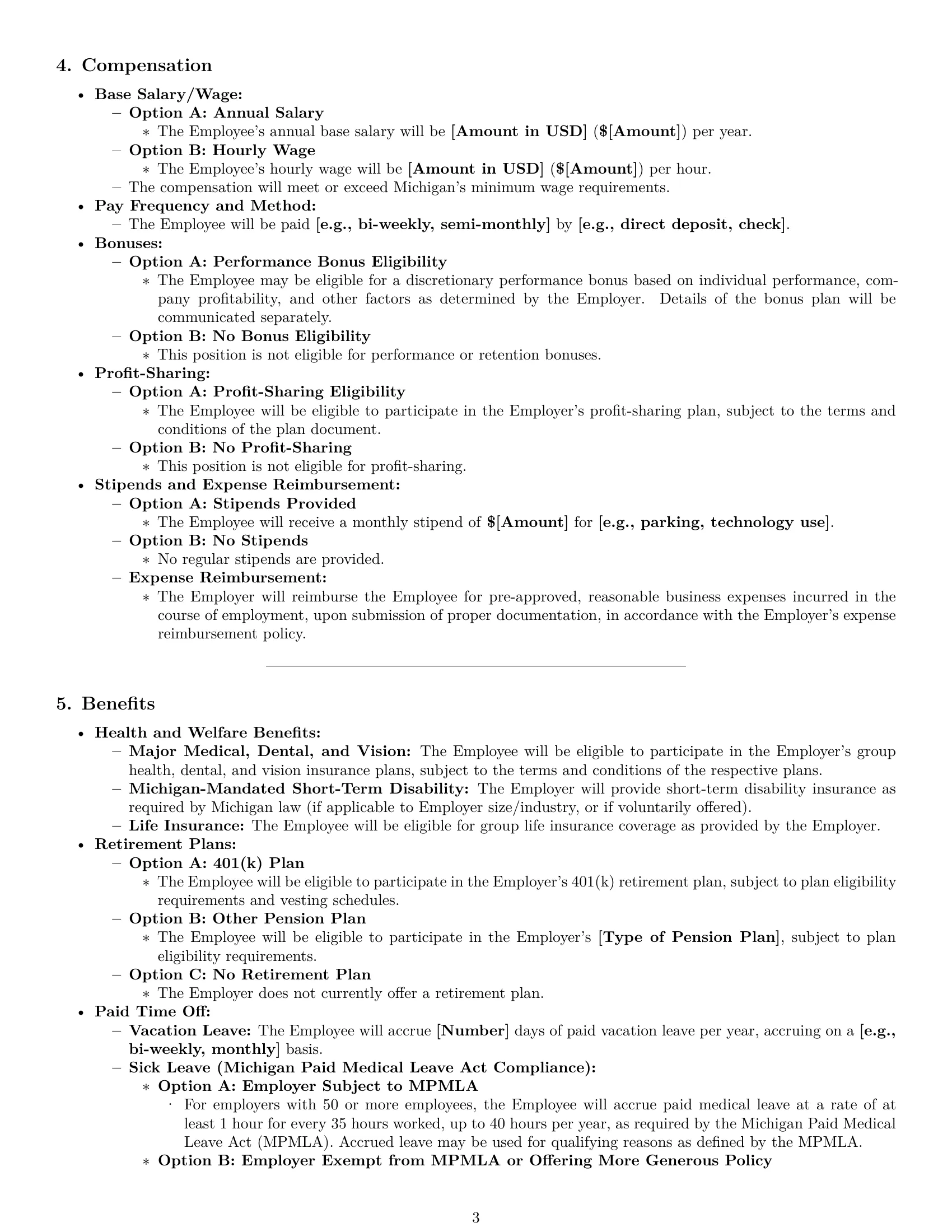Preview page 3 of Pro Michigan office manager employment contract template